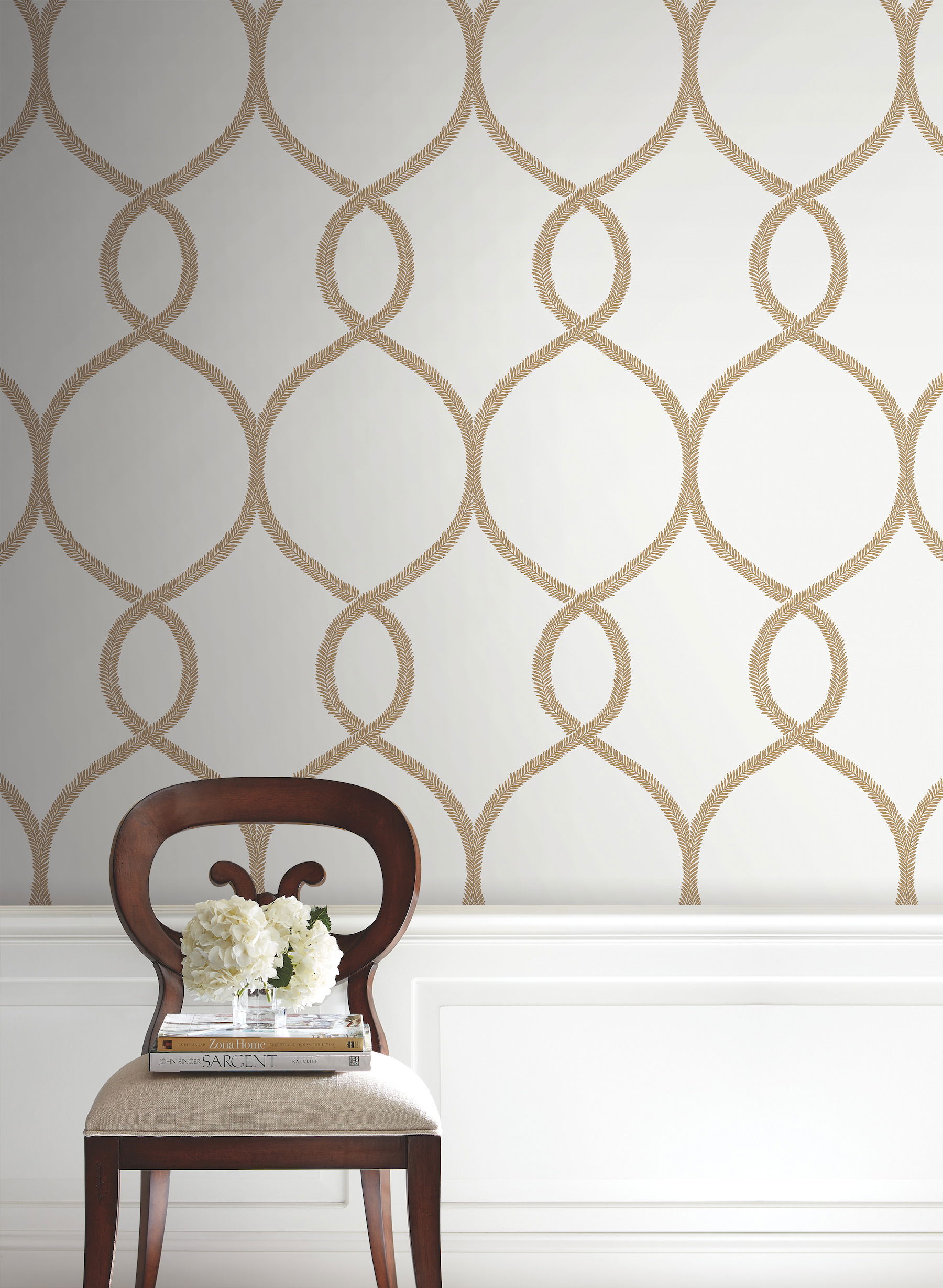 Laurel Leaf Ogee Gold Wallpaper, by York Wall, 27' length x 2'3" width x 0.02" depth View 2