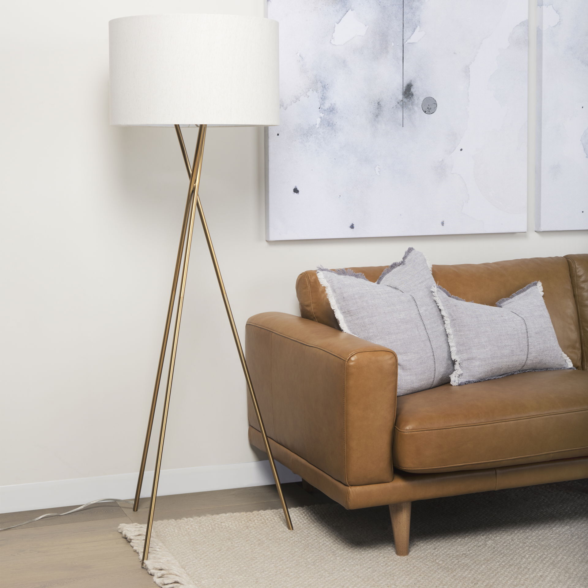 Ambrose  Gold Metal with Cream Fabric Shade Floor Lamp, by Mercana, 20" length x 20" width x 61.75" height View 3