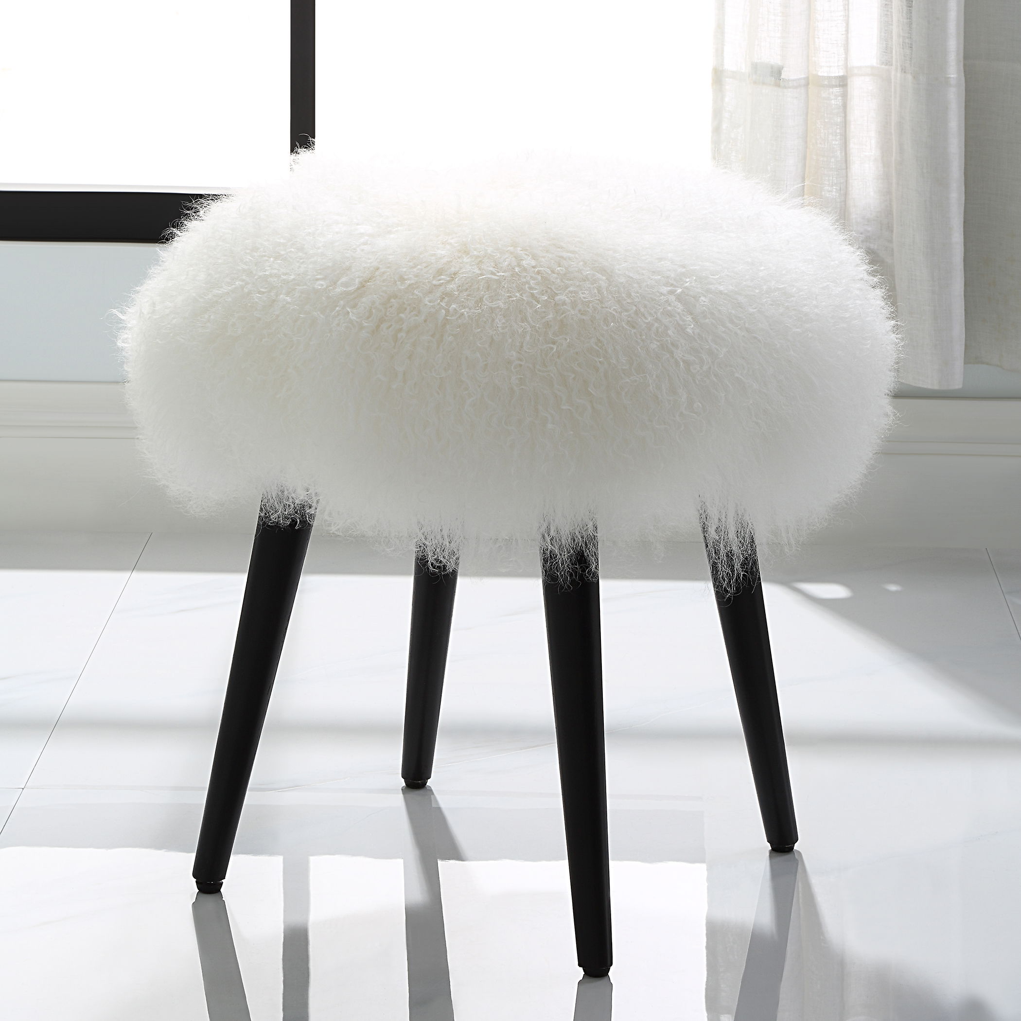 Wooly Sheepskin Accent Stool, Furniture by Uttermost, 17" width x 18.5" height x 17" depth View 2