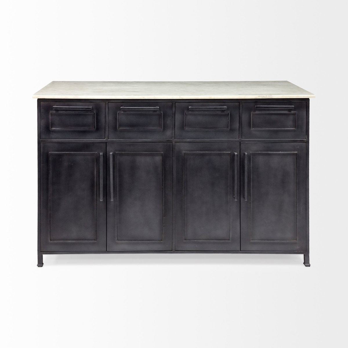 Fieri Solid Iron Black Body White Marble Top Four Drawer Kitchen Island, by Mercana, 58" length x 32" width x 36.5" height View 4