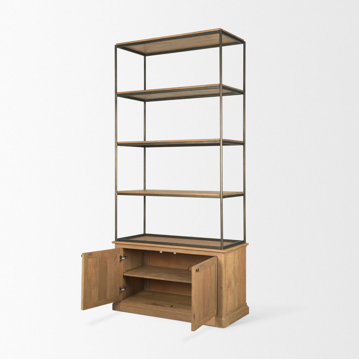Baron Light Brown Wood with Gunmetal 2-Door Open Shelving Unit, Shelving & Bookcase by Mercana, 41.75" length x 19" width x 90" height View 8