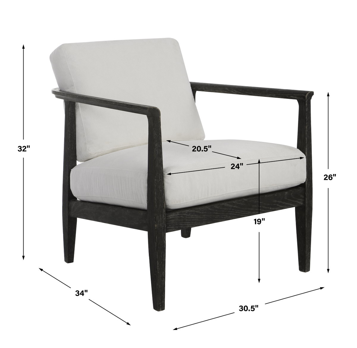 Brunei White Accent Chair, by Uttermost, 28.25" width x 32.5" height x 33.5" depth View 3