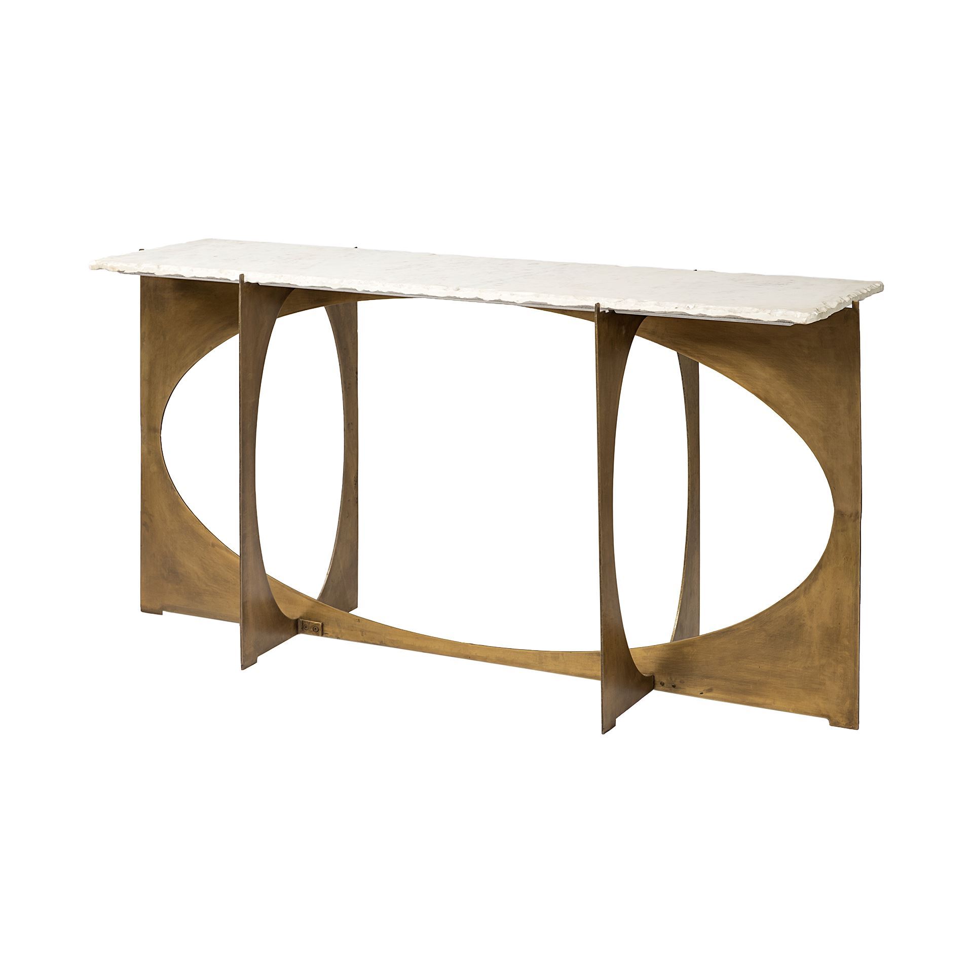 Reinhold IV 59L x 16W White Marble Top Gold Metal Base Console Table, by Mercana, 60" length x 17" width x 31" height View 1