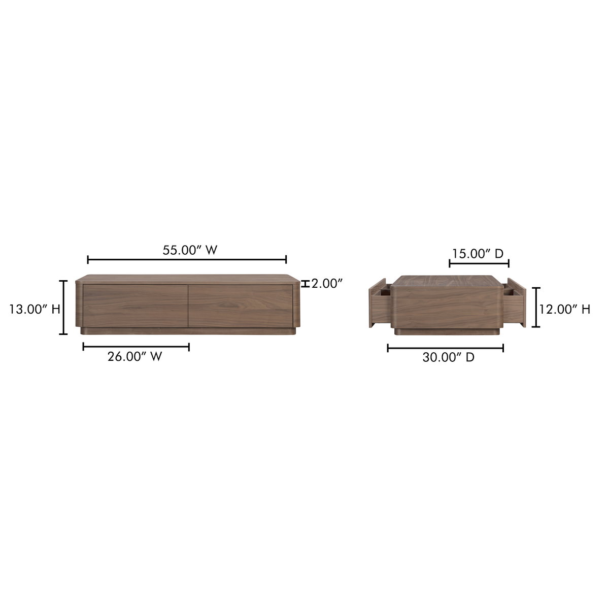 Round Off Coffee Table Walnut Brown, by Moe's Home, 55" width x 13" height x 30" depth View 10