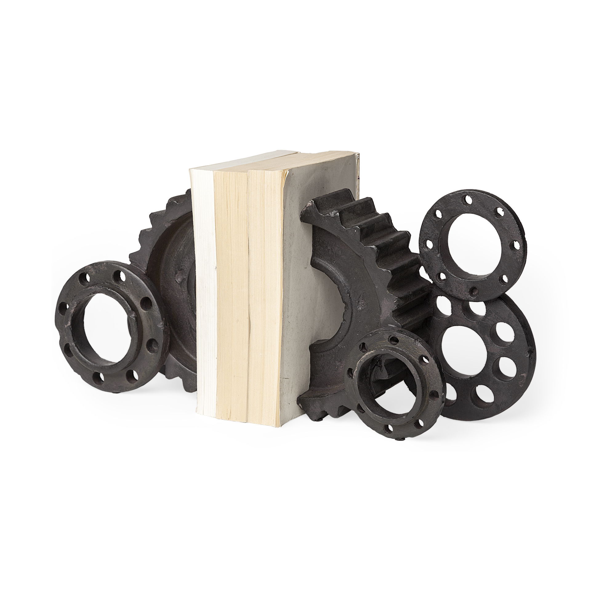 Cogsworth Set of 2 14L x 4W Brown Resin Industrial Gear Bookends, by Mercana, 13.58" length x 4" width x 8.07" height View 1
