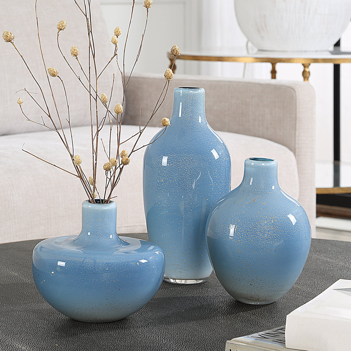 Celestial Frost Blue Vases Set/3, Decorative by Uttermost, 4.5" width x 10.25" height x 4.5" depth View 2