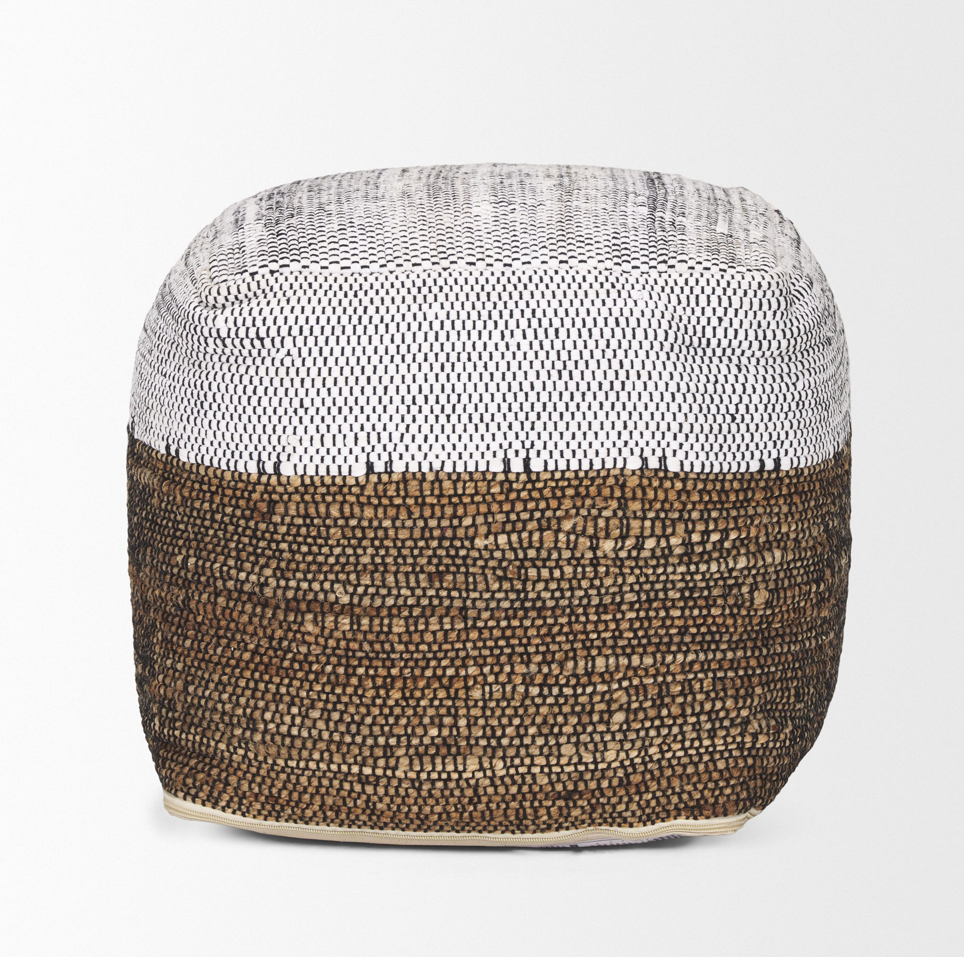 Samiya Jute with White Cotton Pouf, Ottoman by Mercana, 16" length x 16" width x 16" height View 3