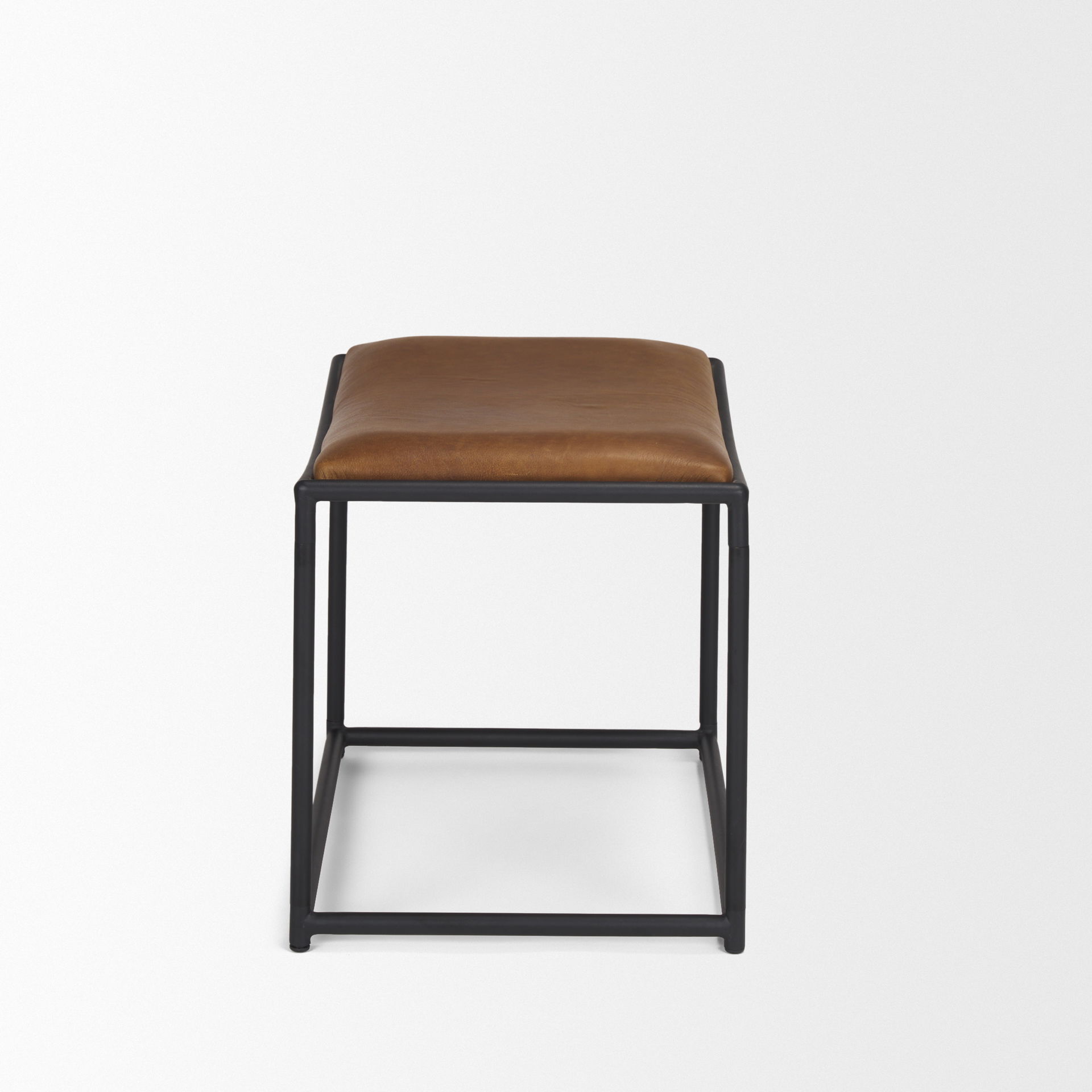 Taniel Brown Leather with Black Metal Stool, Ottoman by Mercana, 23.25" length x 16" width x 17.5" height View 4
