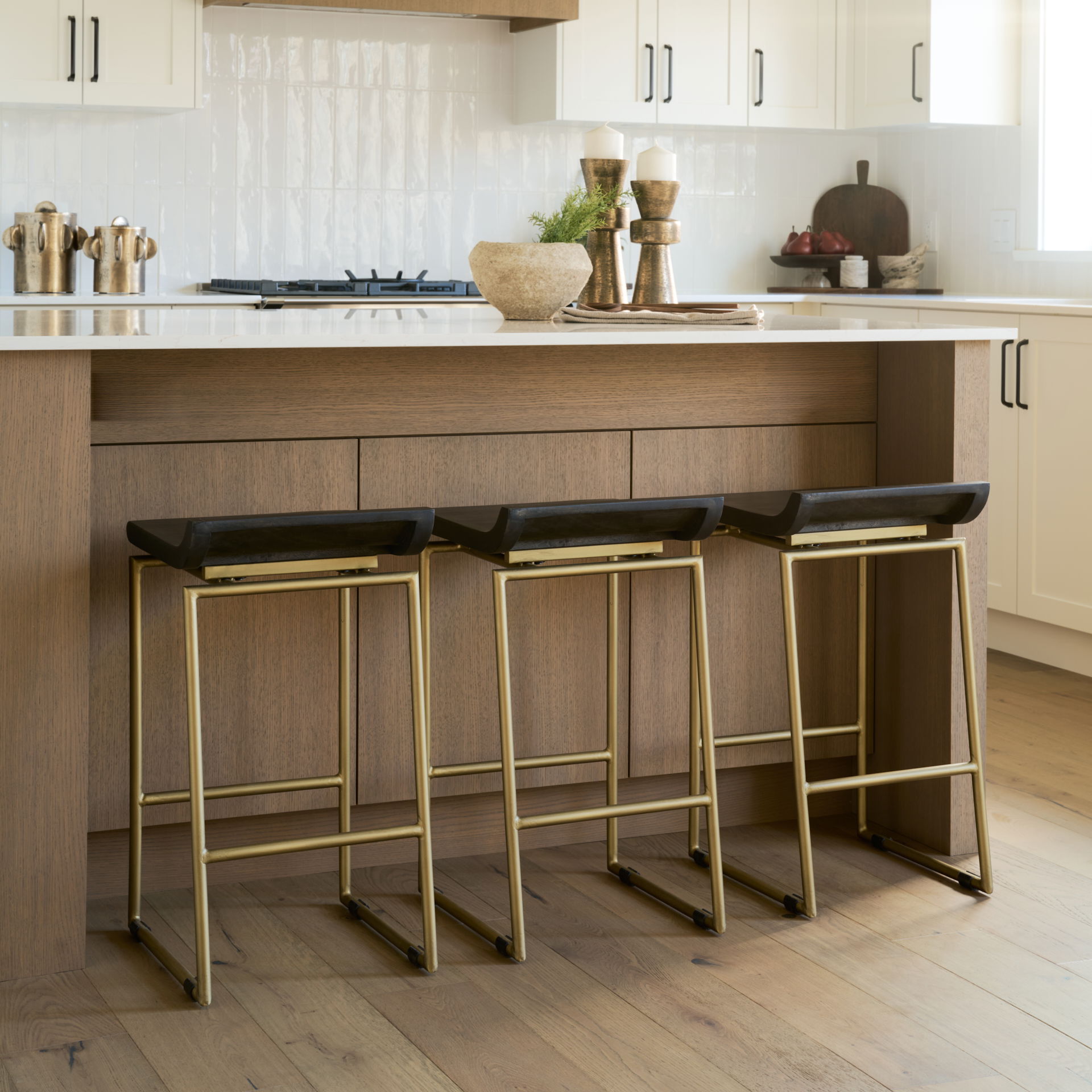 Givens 24.25'H Brown Wood Seat Gold Metal Frame Stool, Counter & Bar Stool by Mercana, 14" length x 15.8" width x 26" height View 3