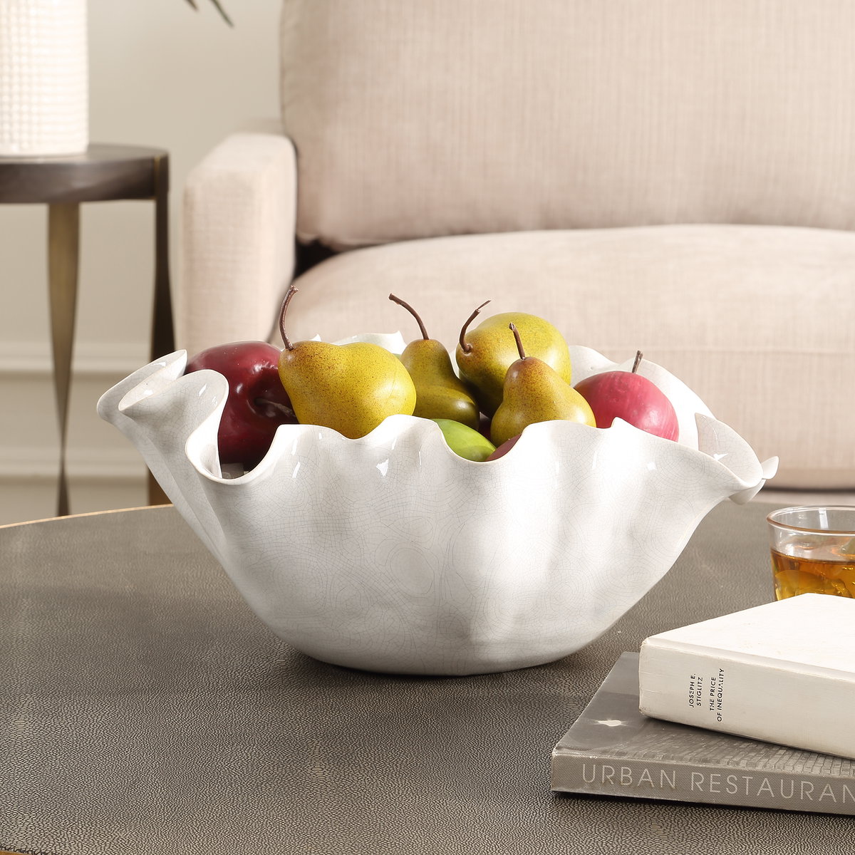 Ruffle White Bloom Bowl, Decorative Tray by Uttermost, 15.5" width x 7" height x 14" depth View 2