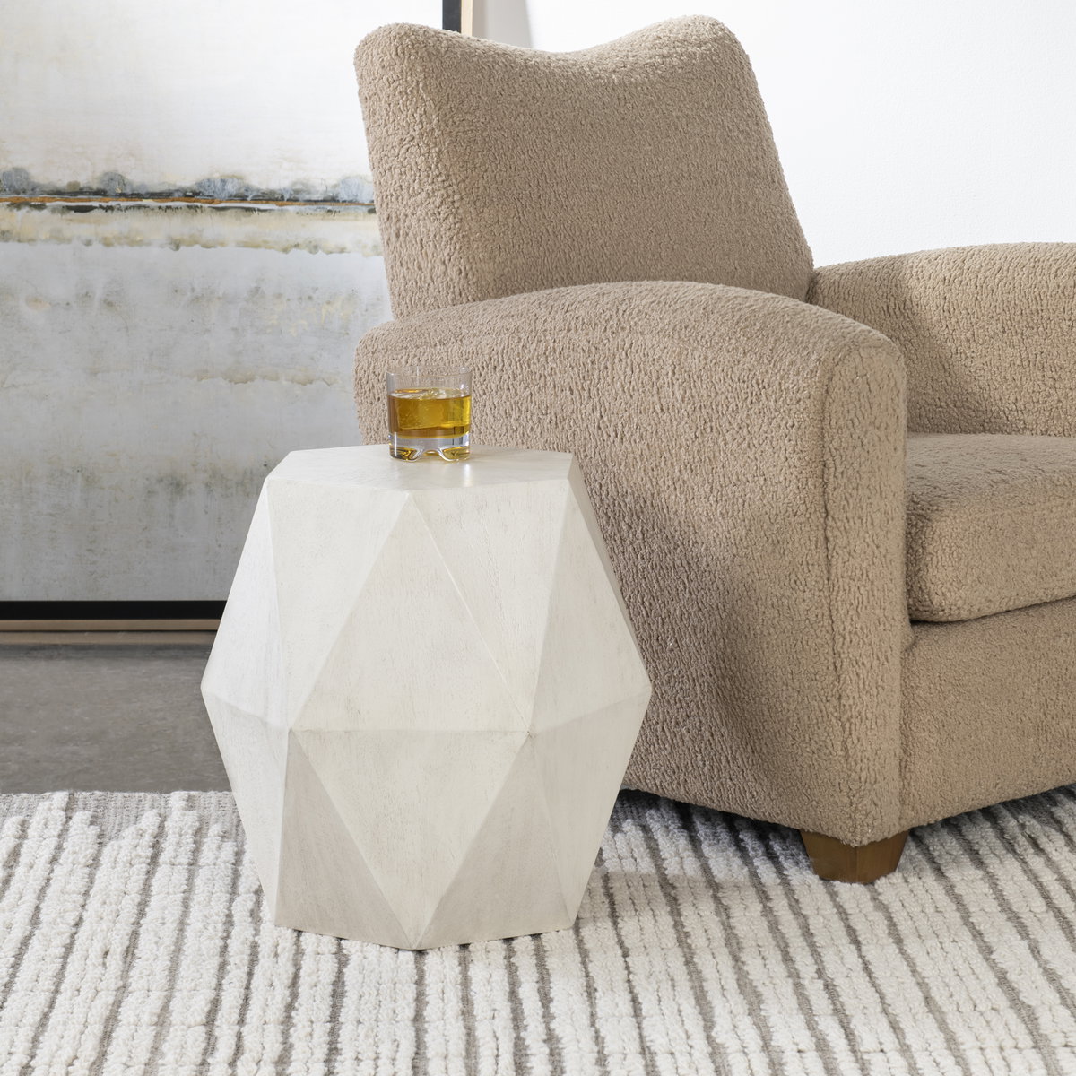 Volker White Geometric Accent Table, Side & End Table by Uttermost, 18" width x 18" height x 15.6" depth View 2
