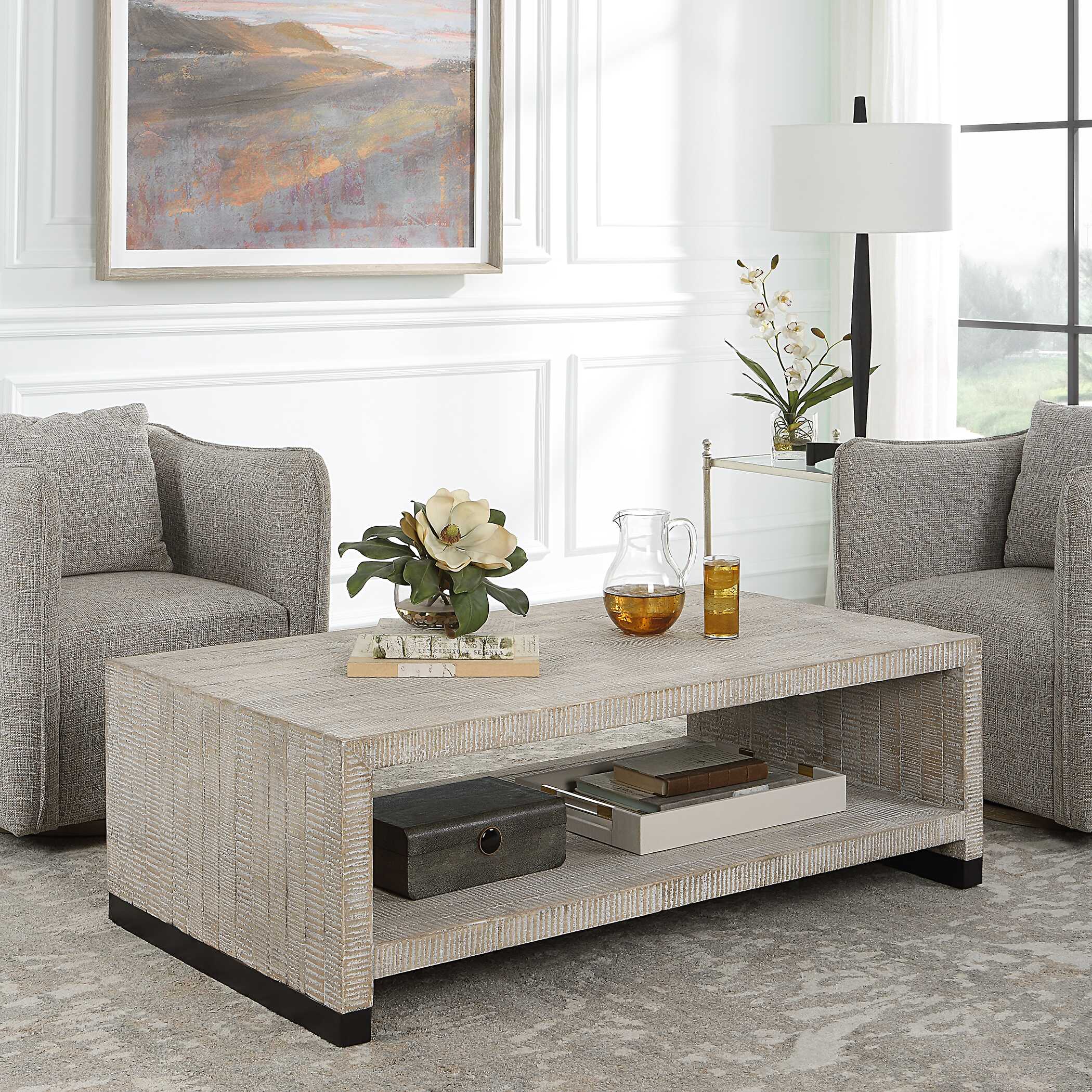 Bosk White Washed Coffee Table, Furniture by Uttermost, 53.87" width x 18.12" height x 29.87" depth View 4