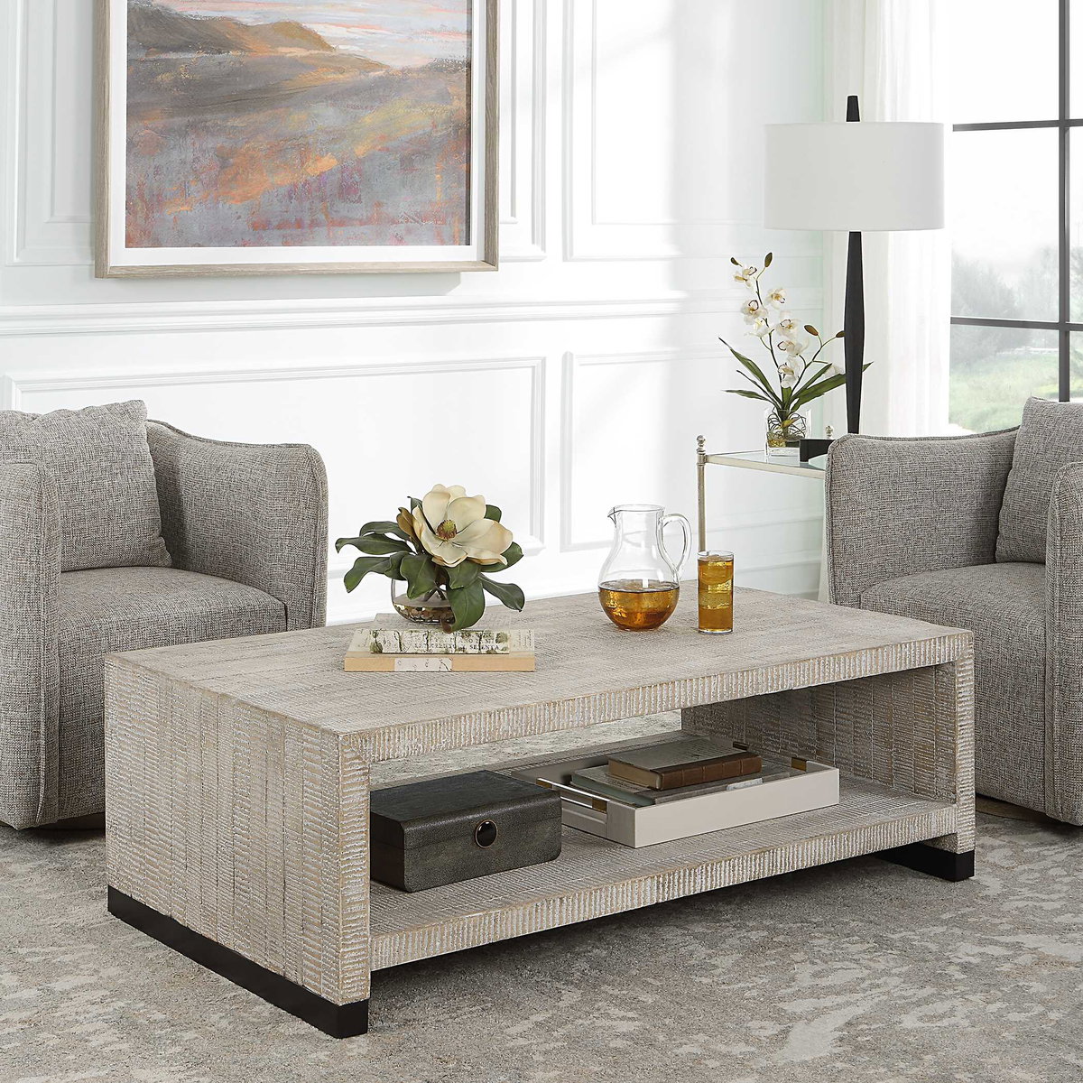 Bosk White Washed Coffee Table, by Uttermost, 53.87" width x 18.12" height x 29.87" depth View 4