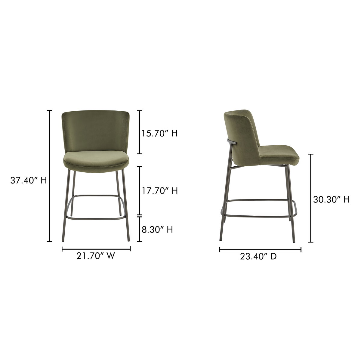 Early Counter Stool Faux Green Mohair, Counter & Bar Stool by Moe's Home, 21.7" width x 37.4" height x 23.4" depth View 9