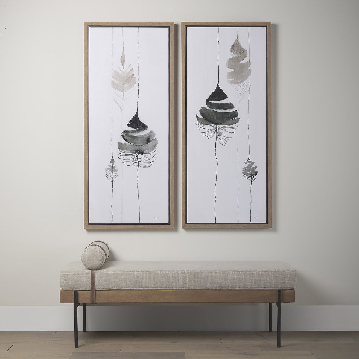 Colburne Cream Fabric with Brown Wood Bench, Benche by Mercana, 55.12" length x 16.14" width x 13.39" height View 2