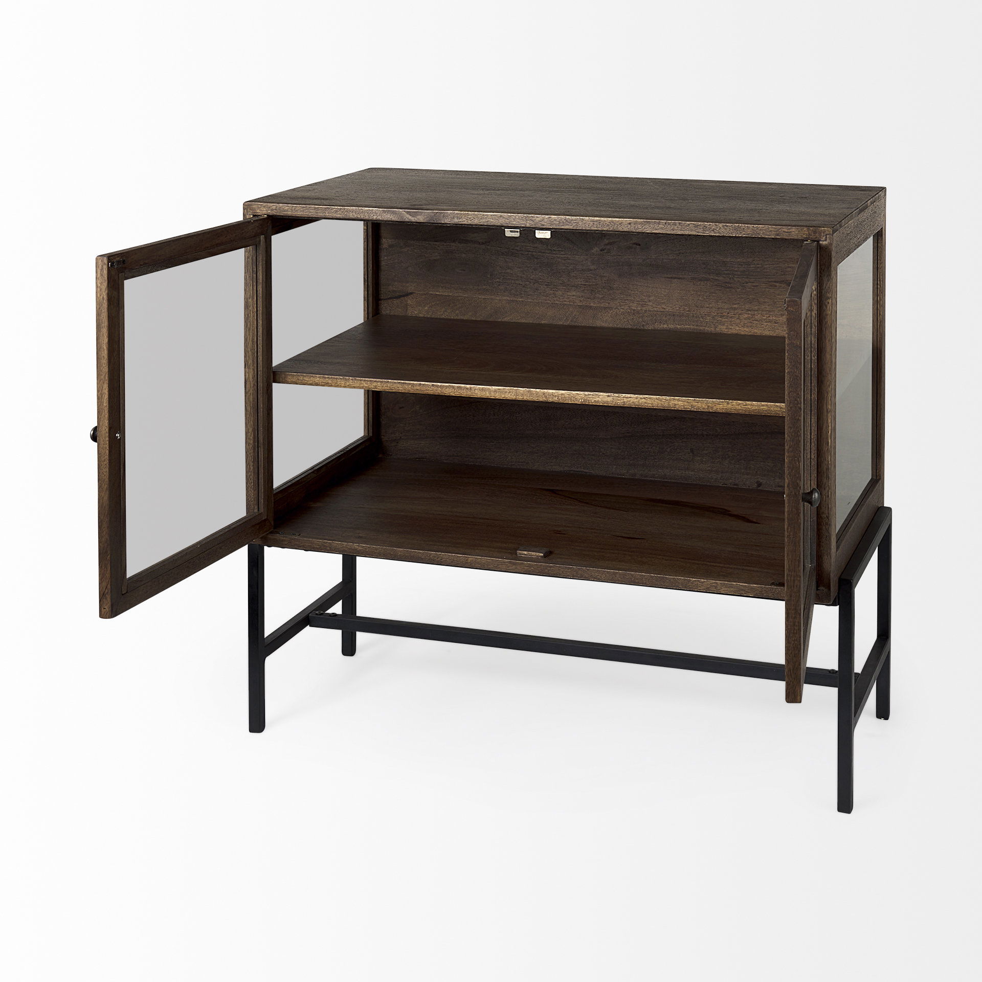 Arelius 36L x 18W x 32H Medium Brown Wood, Black Metal Base with 2 Glass Doors Accent Cabinet large image 