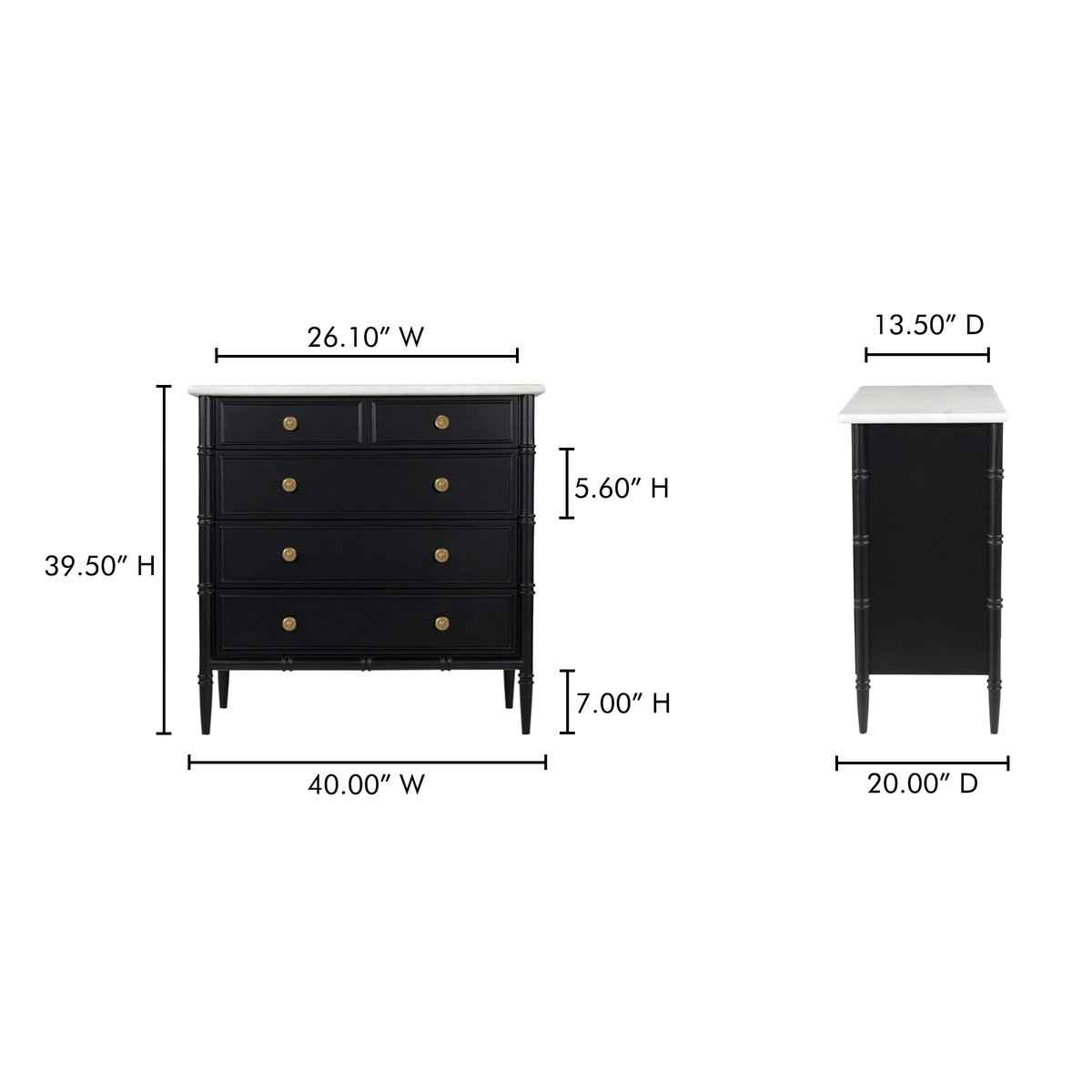 Eleanor 5 Drawer Chest Black, Dresser by Moe's Home, 40" width x 39.5" height x 20" depth View 15