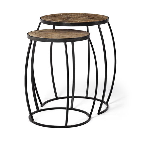 Clapp III (Set of 2) 20L x 20W Brown Round Wood Top with Black Metal Frame Nesting Accent Tables