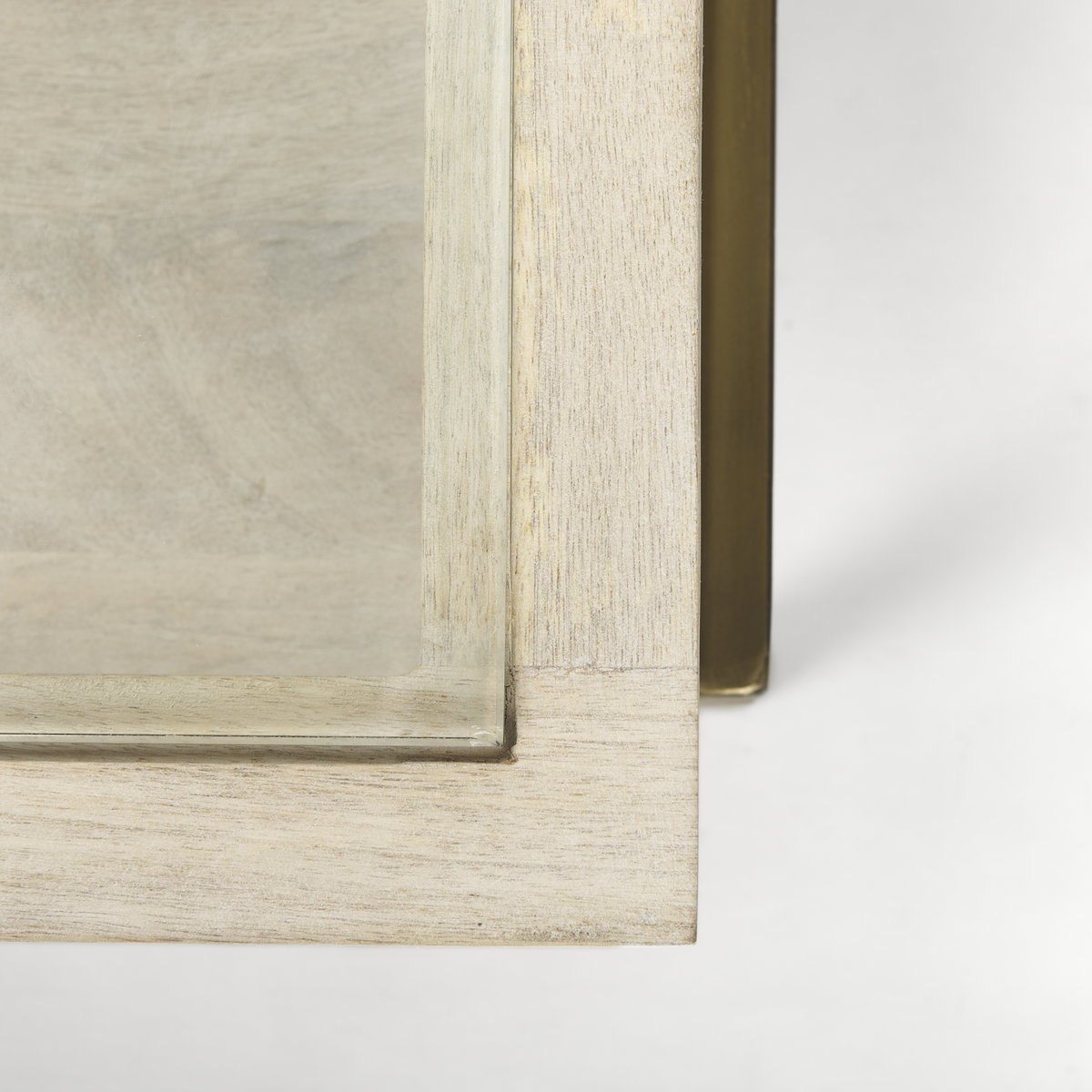 Arelius 42' Square Glass-Top White Wood with Gold Metal Base Display Coffee Table, by Mercana, 43.5" length x 42" width x 15" height View 10