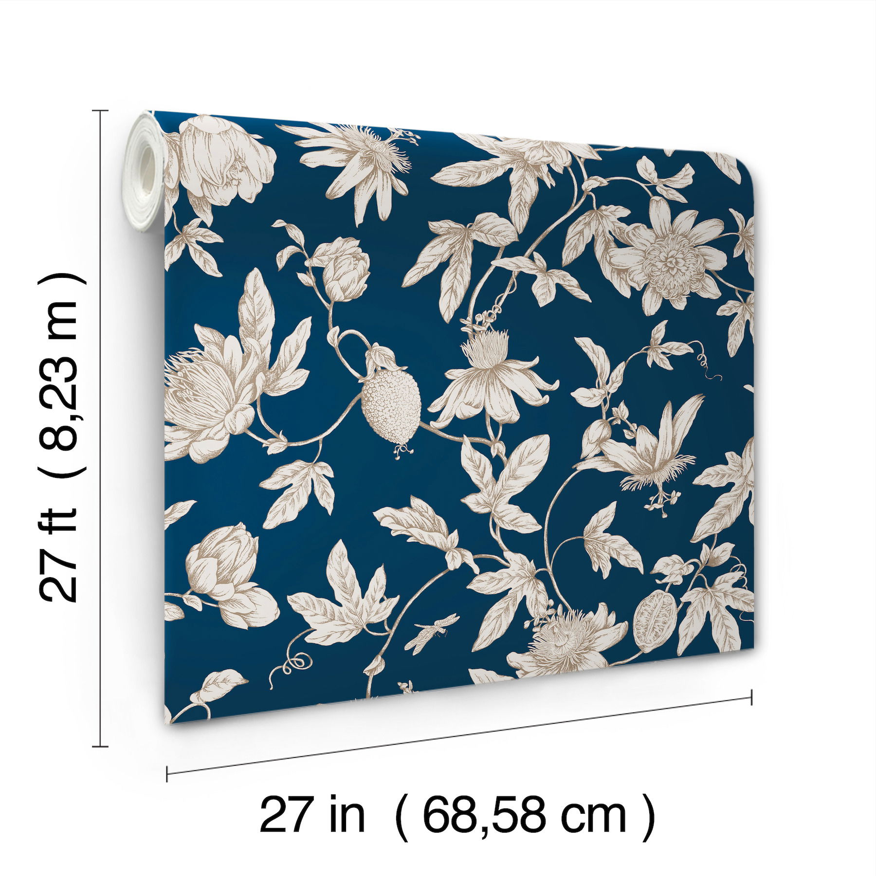Passion Flower Toile Navy Wallpaper large image 