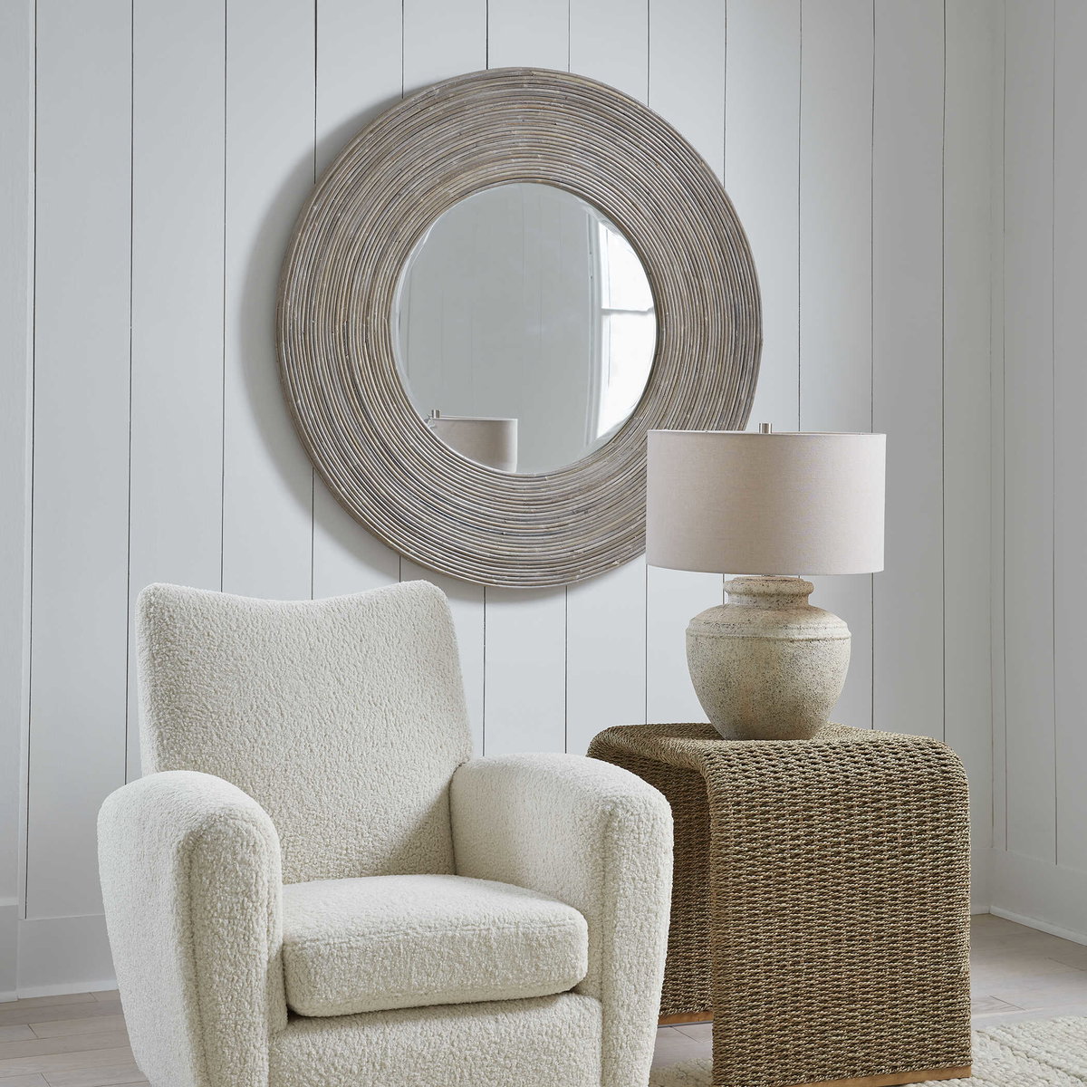 Vortex White Washed Round Mirror, by Uttermost, 47" width x 2" height x 47" depth View 4