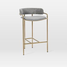 Online Designer Kitchen Lenox Upholstered Counter Stool, Distressed Velvet, Mineral Gray, Blackened Brass