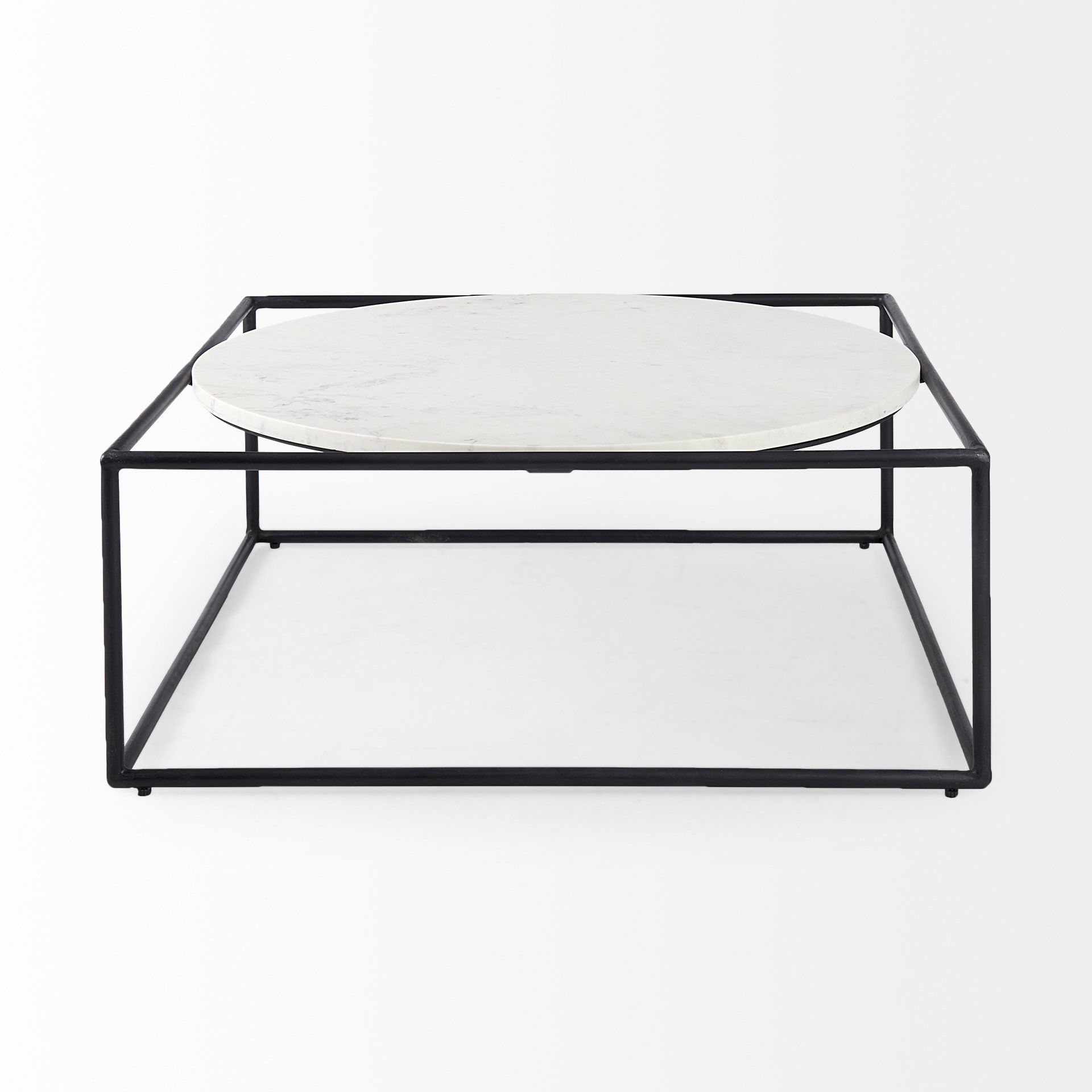 Austen 36L x 36W x 14.5H Round White Marble Top with Black Metal Frame Coffee Table, by Mercana, 36" length x 36" width x 14" height View 6