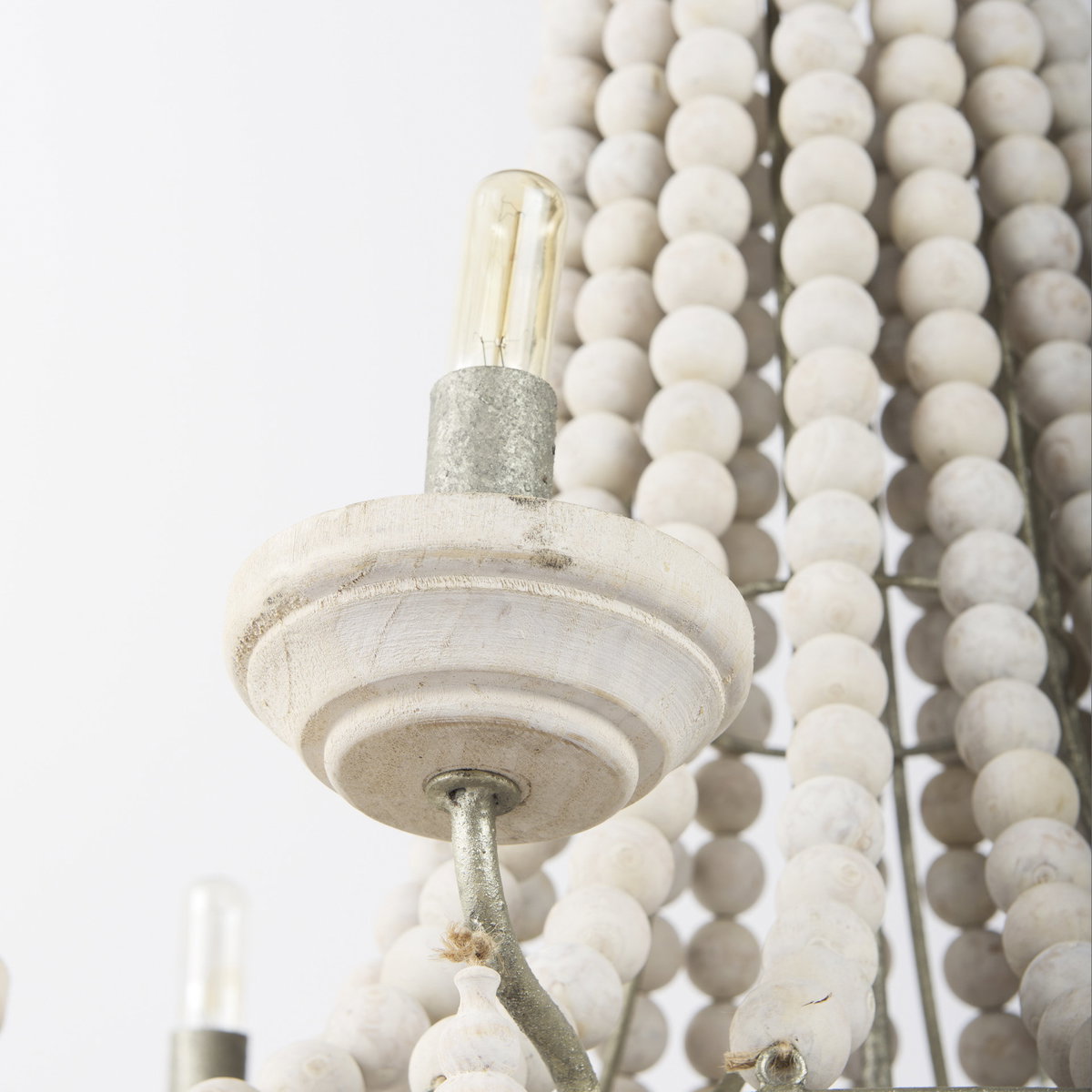 Phillum (29'x37') Silver Metal Chassis and White Wood Beaded Six Bulb Chandelier, by Mercana, 29" length x 29" width x 37" height View 10