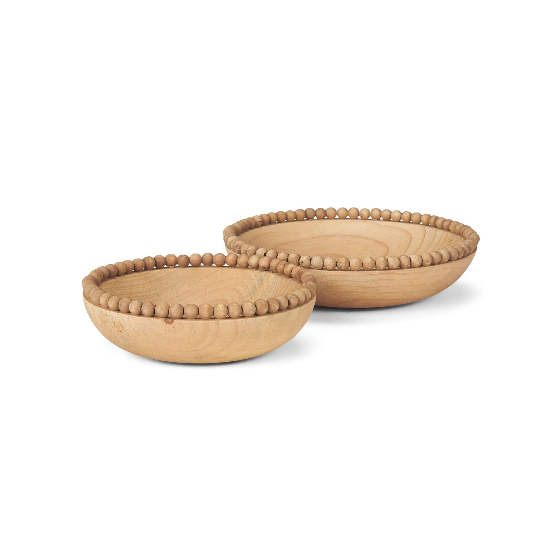 Wendell Light Brown Wood with Wood Bead Round Bowls, Decorative Bowl by Mercana, 12" length x 3.25" width x 12" height View 1