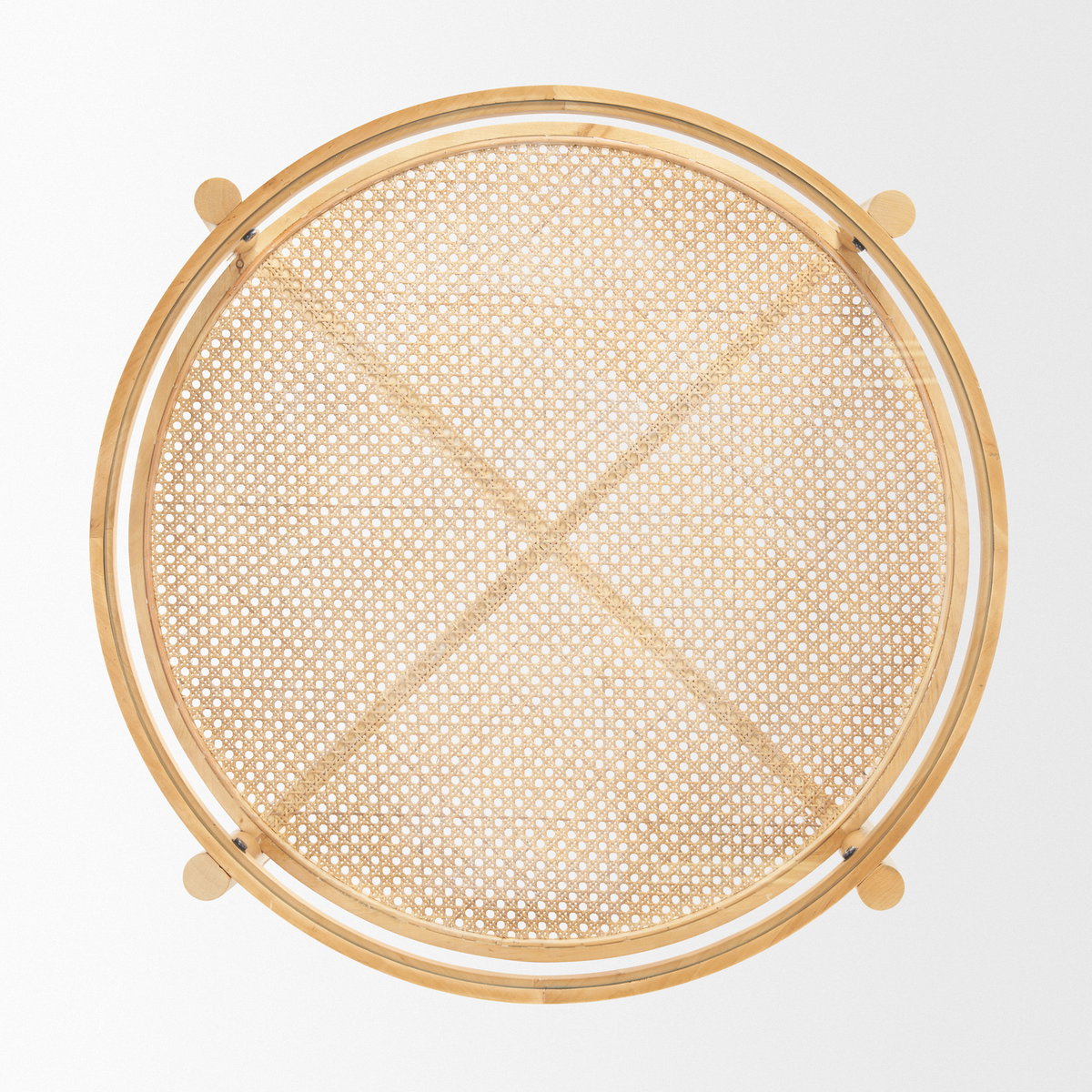 Weslyn Solid Light Brown Wood and Glass Top with Cane Coffee Table, by Mercana, 34.25" length x 34.25" width x 17.25" height View 5