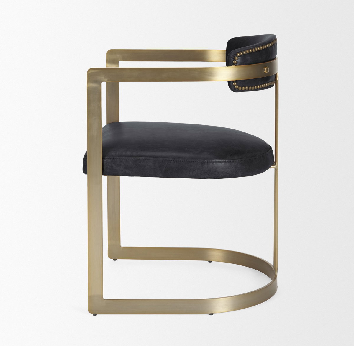 Hollyfield Curved Back Dining Side Chair | Black Leather with Gold Iron, Dining Chair by Mercana, 20.5" length x 21.5" width x 29.5" height View 6
