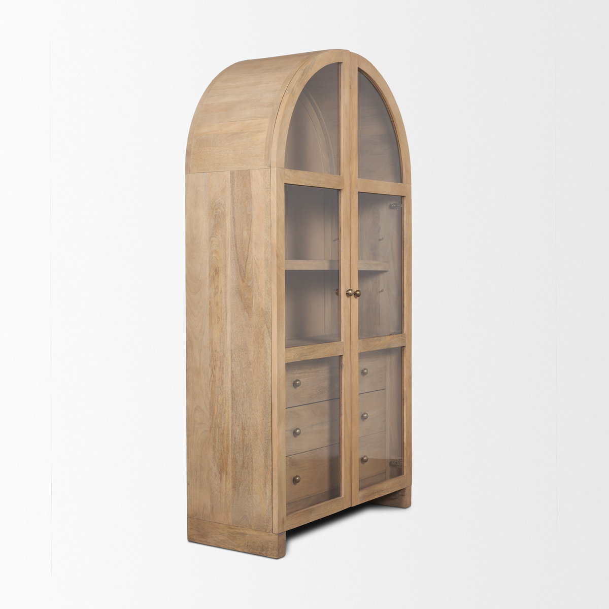 Suri Light Brown Wood with Glass Doors Arched Curio Cabinet, Cabinets & Sideboard by Mercana, 42" length x 18" width x 80" height View 8