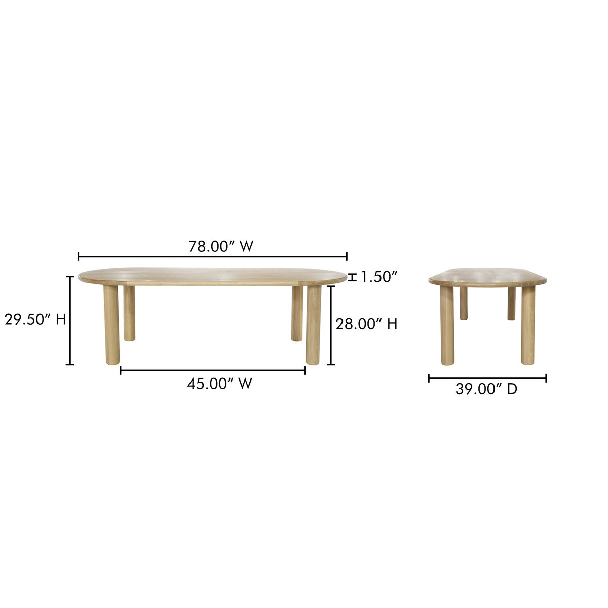 Milo Small Dining Table Oak, by Moe's Home, 78" width x 29.5" height x 39" depth View 10