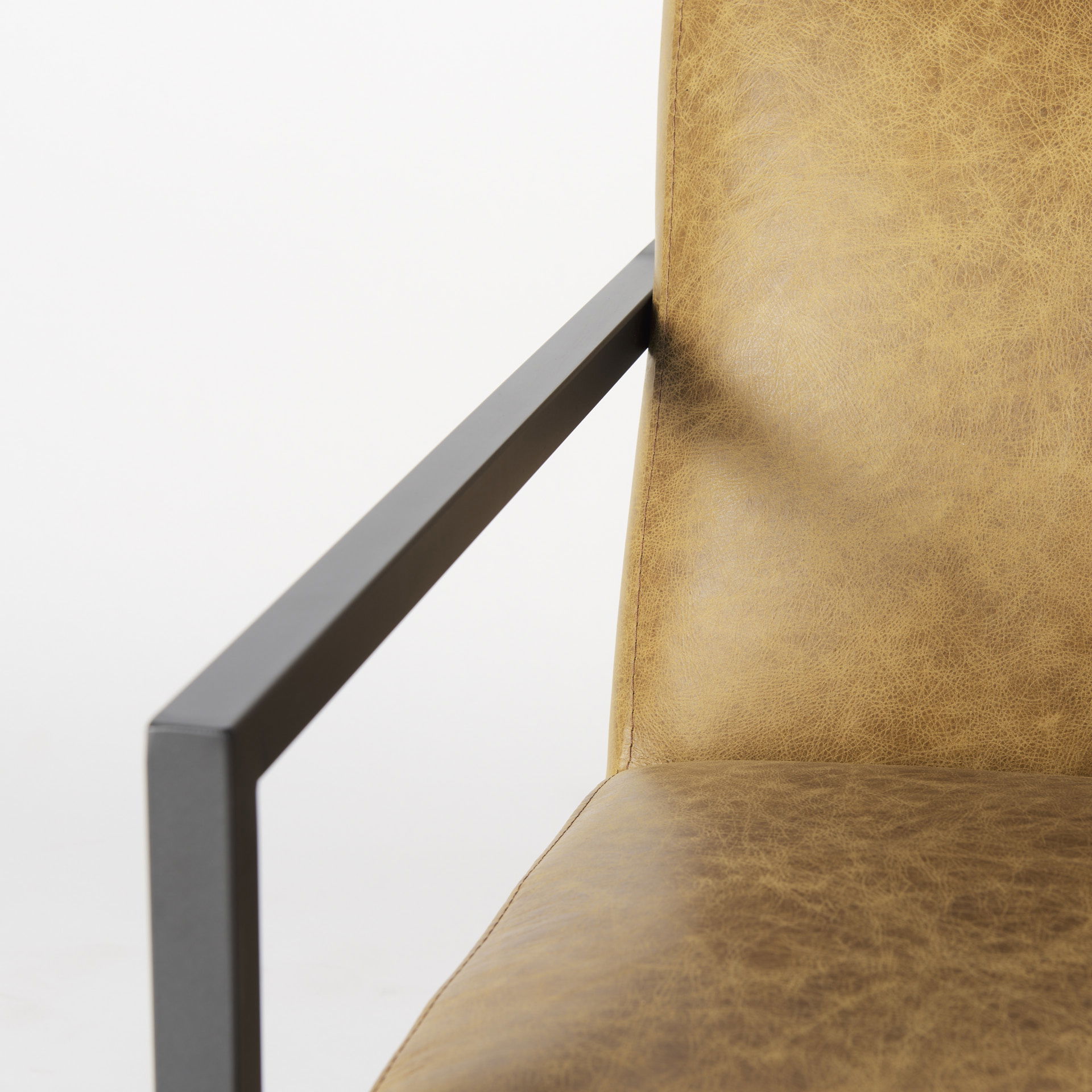 Armelle II Brown Leather Seat with Gray Metal Frame Accent Chair, by Mercana, 28.35" length x 33.07" width x 29.92" height View 10