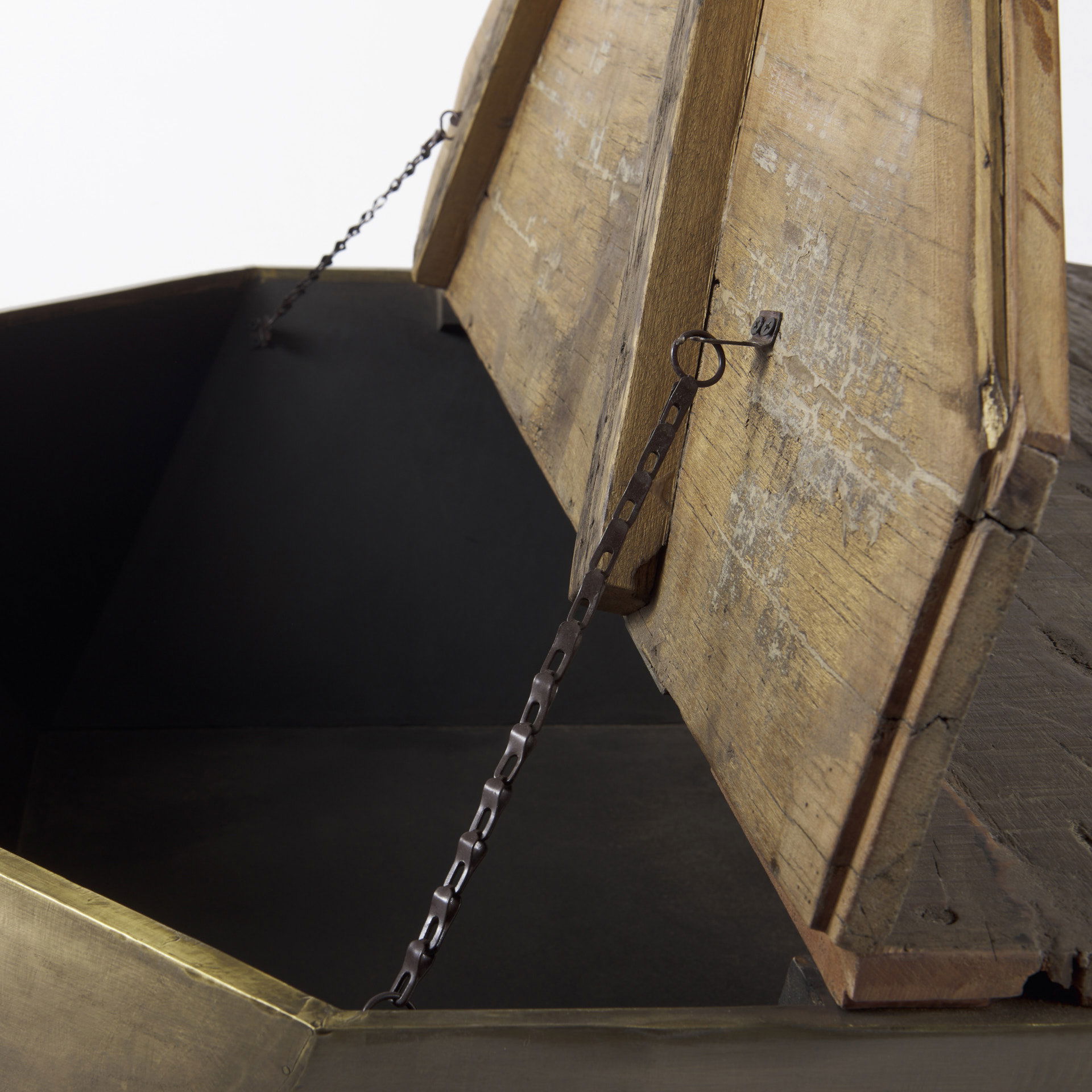 Esagono Octagonal Gold Metal-Clad Reclaimed Wood Coffee Table with Storage, by Mercana, 48" length x 48" width x 15" height View 10