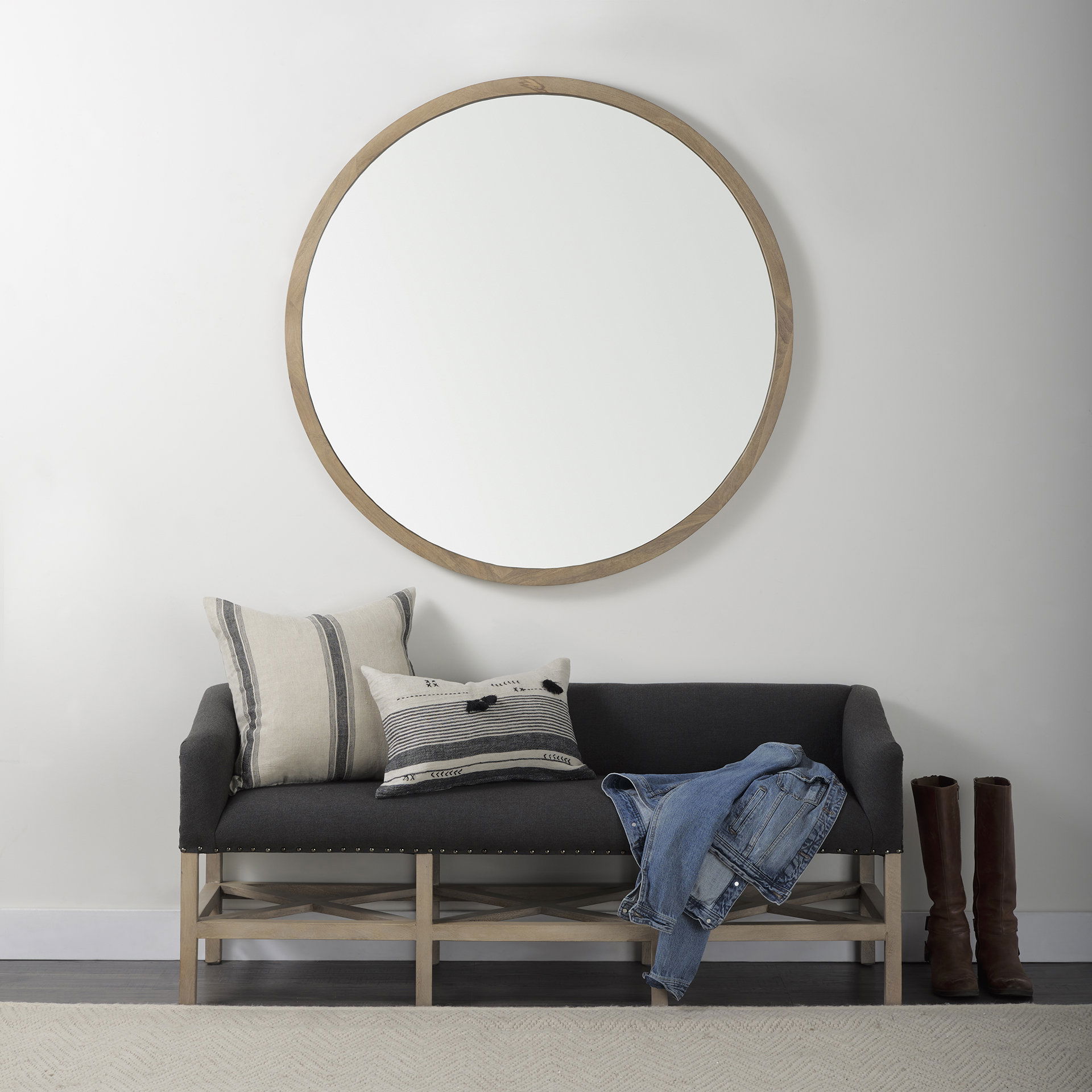 Bergen  Dark Gray Fabric with Light Brown Wooden Base Accent Bench, Benche by Mercana, 60" length x 19" width x 25.5" height View 2