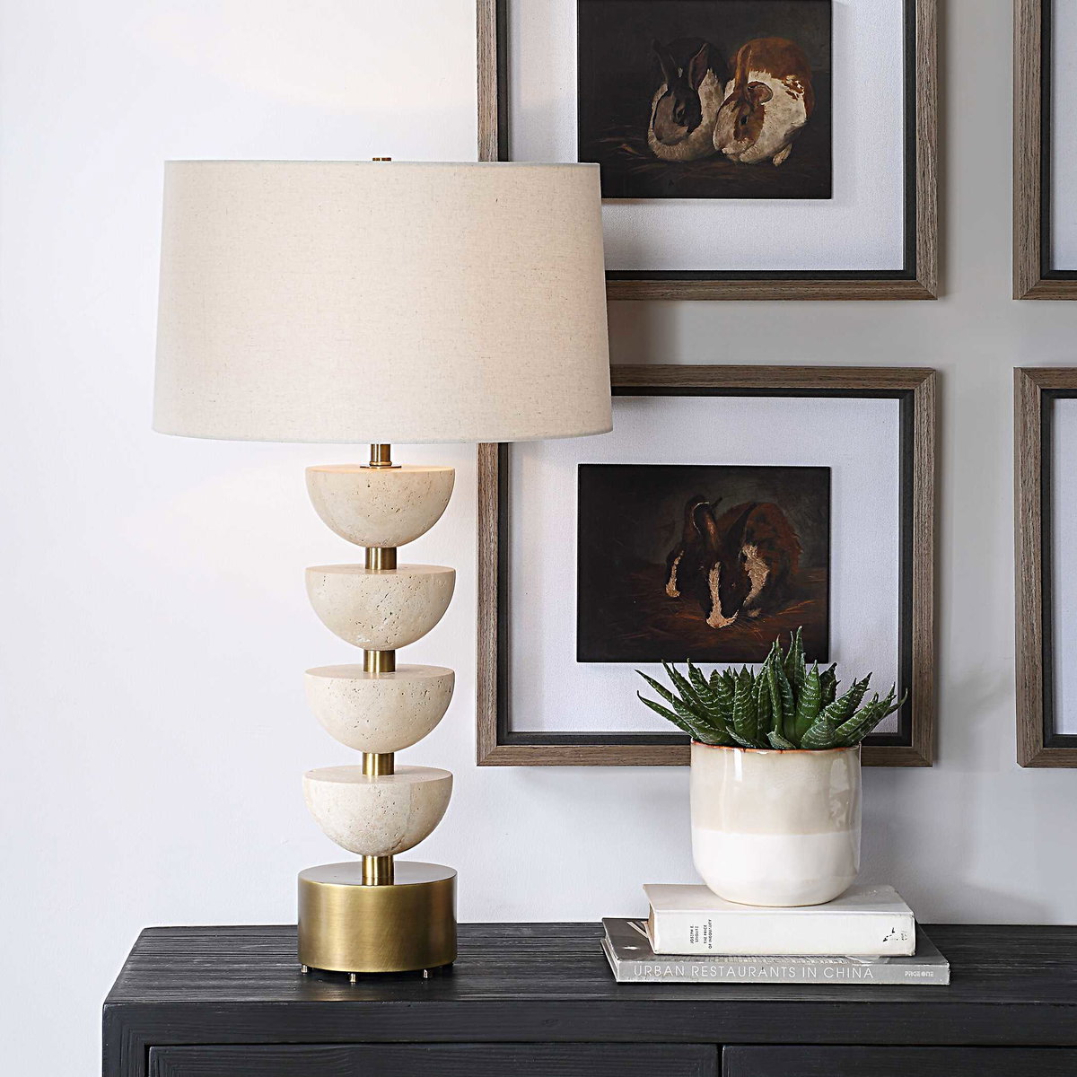 Hemisphere Travertine Table Lamp, by Uttermost, 17" width x 30.5" height x 17" depth View 2