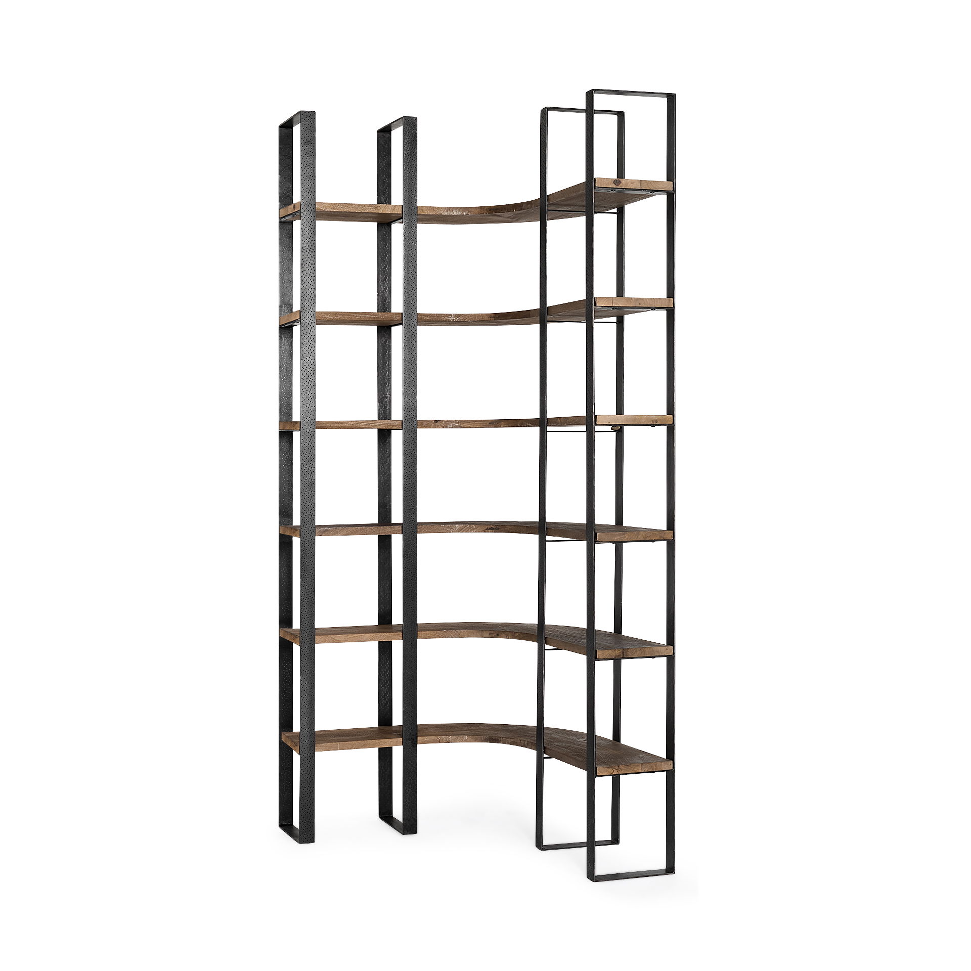 Turner II 37L x 10.5W x 90H Curved Dark Brown Wood And Black Iron Six Shelving Unit, Shelving & Bookcase by Mercana, 36.5" length x 36.5" width x 90" height View 1