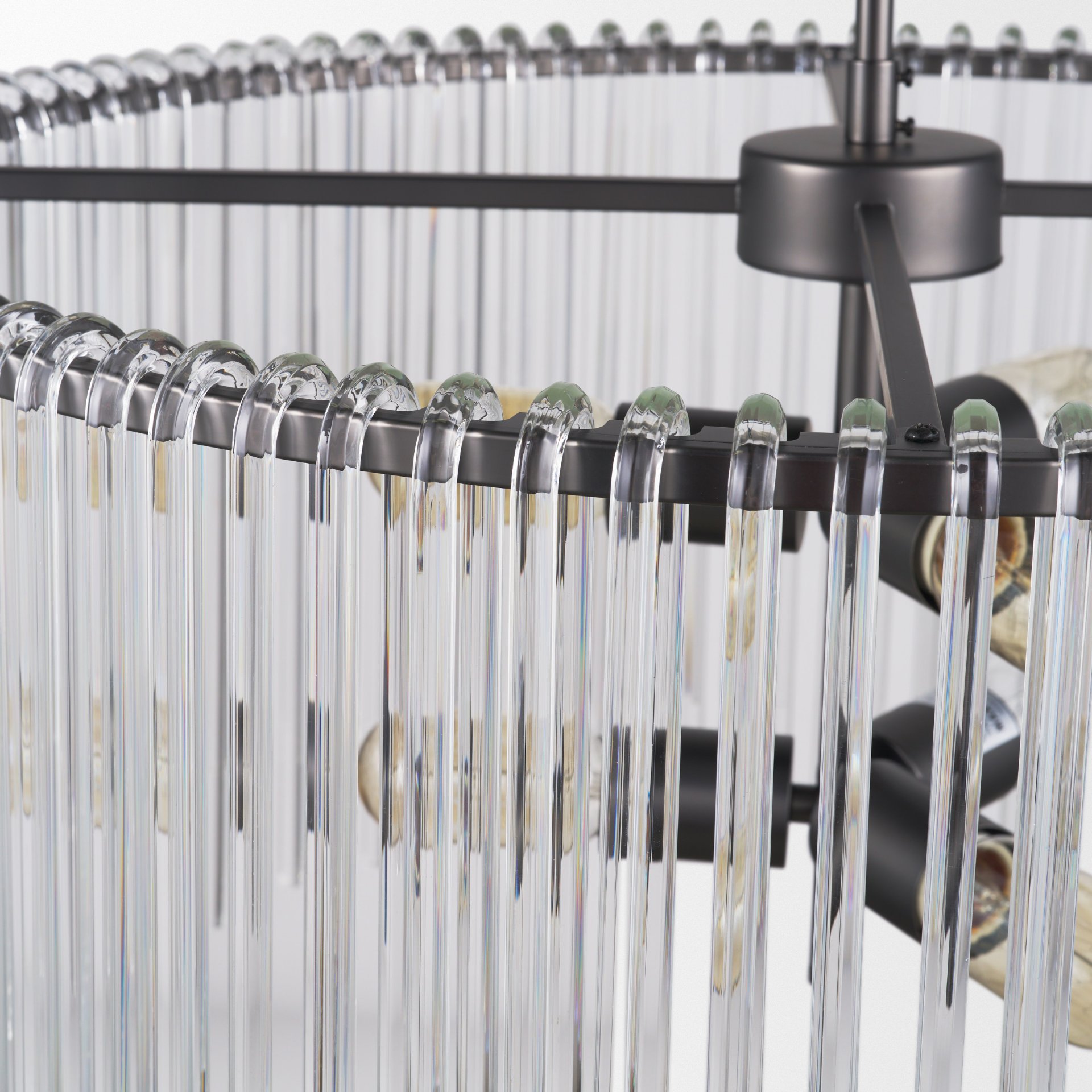 Anna (26'x14') Hanging Gun-Metal with Clear Glass Rods Six Bulb Chandelier, by Mercana, 26" length x 26" width x 14" height View 6