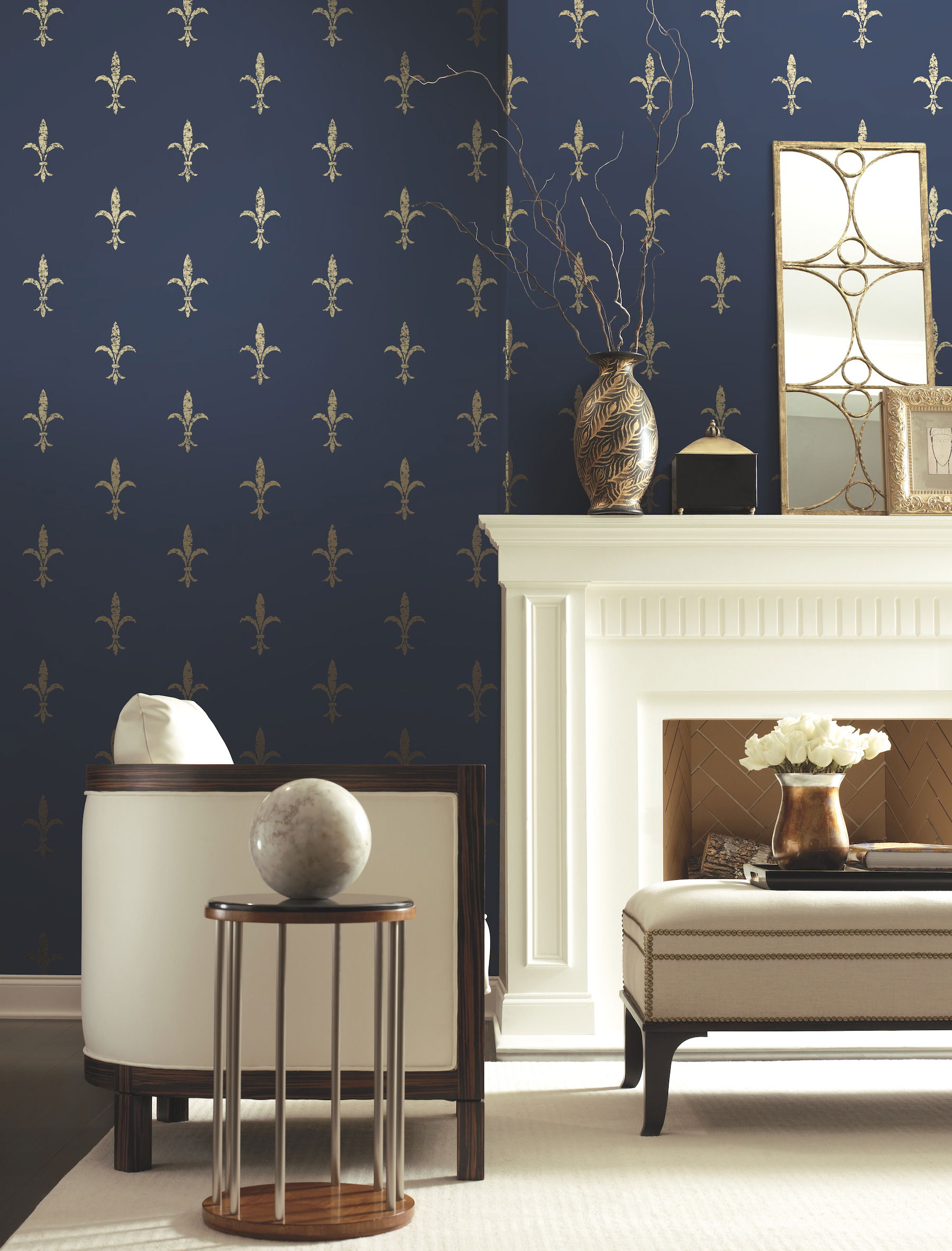 Fleur De Lis Navy & Gold Wallpaper, by York Wall, 27' length x 2'3" width x 0.02" depth View 3