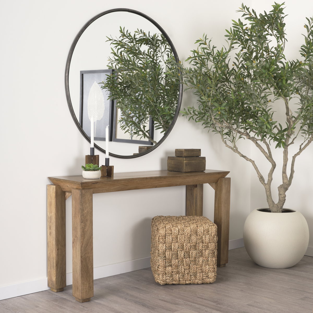 Adele   Medium Brown Seagrass Woven Square Pouf, Ottoman by Mercana, 17.72" length x 17.72" width x 17.72" height View 2