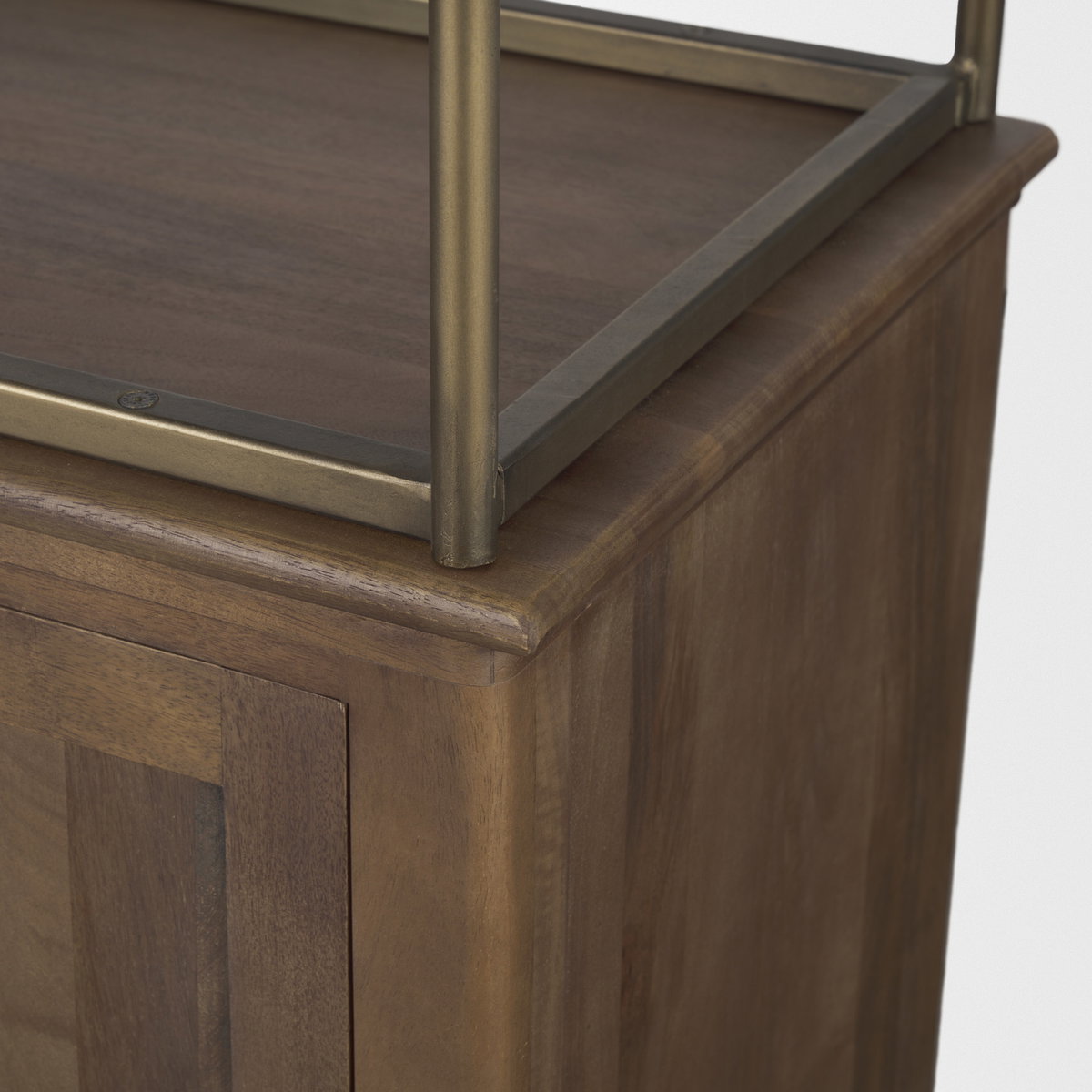 Baron Dark Brown Wood with Antiqued Aged Brass Metal 2-Door Open Shelving Unit, Shelving & Bookcase by Mercana, 41.75" length x 19" width x 90" height View 10