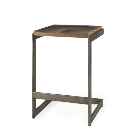 Kiran 17L x 17W x 26H Medium Brown Wood with Antique Nickel Finished Metal Frame Counter Stool