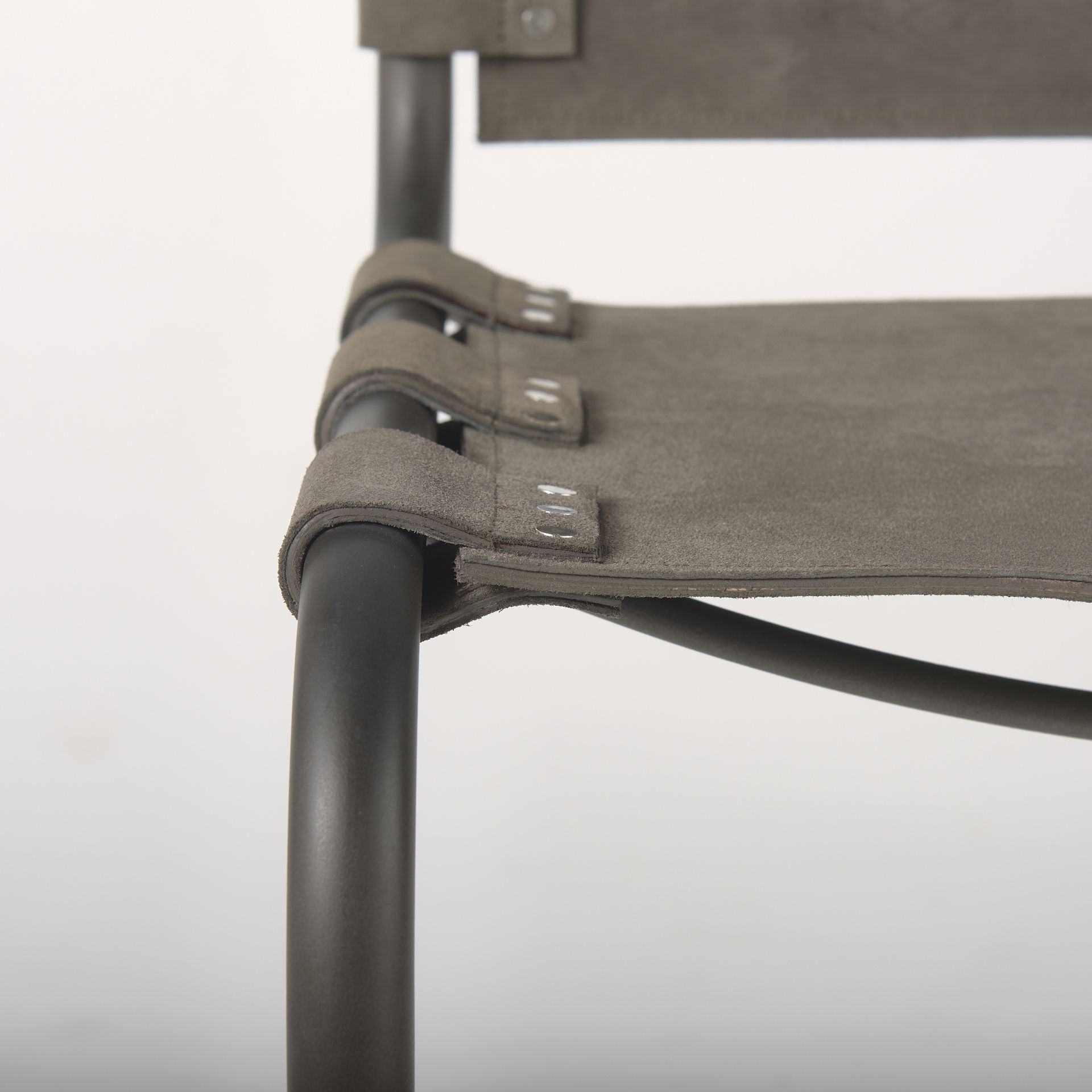 Berbick 33' Total Height Brown/Gray Suede with Iron Frame Dining Chair, by Mercana, 20.5" length x 24" width x 33" height View 9