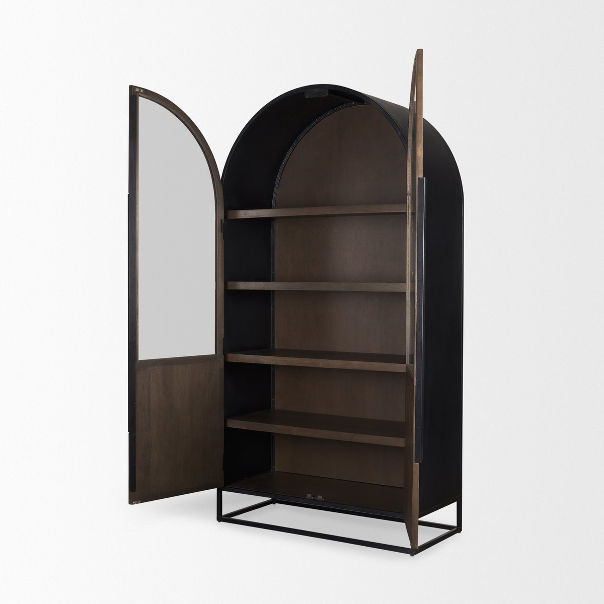 Sloan 42W x 80H Dark Brown Wood with Black Metal Arched Curio Cabinet, Cabinets & Sideboard by Mercana, 42" length x 18.5" width x 80" height View 11