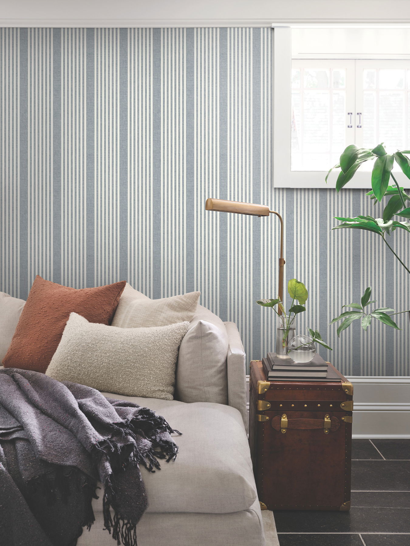 French Navy Linen Stripe Wallpaper large image 