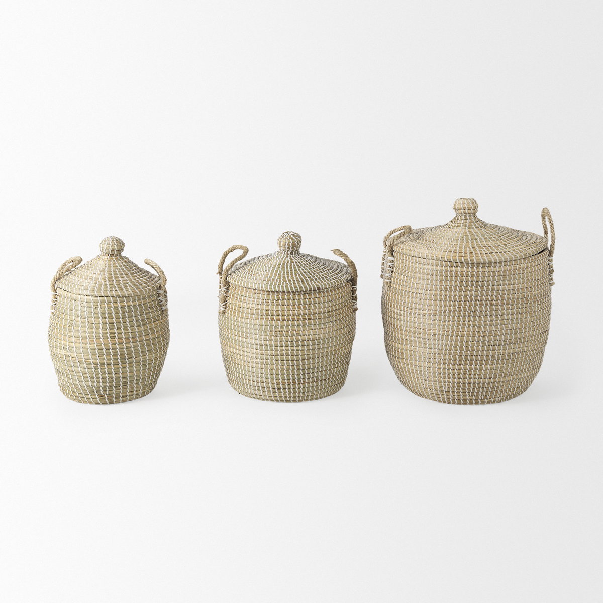 Olivia 15.7L x 15.7W x 17.3H Set of 3 Beige Seagrass Basket with Lid and Handles, Bins & Basket by Mercana, 18.5" length x 13.39" width x 14.57" height View 2