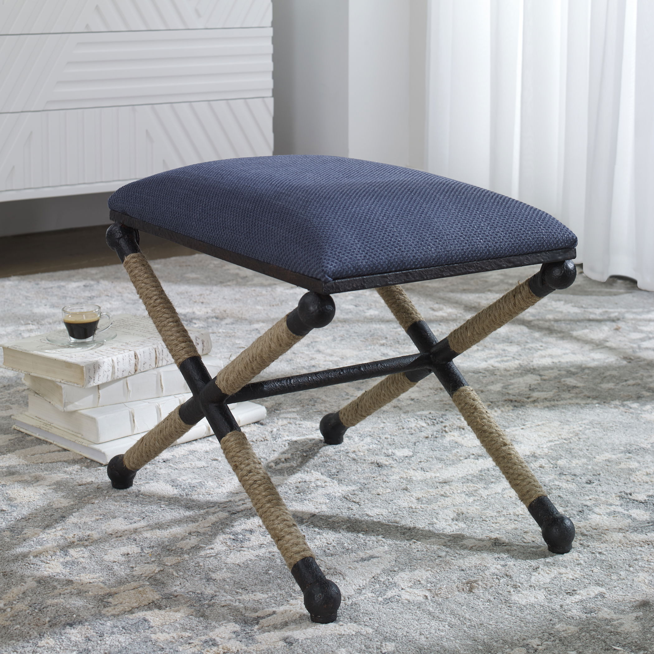 Firth Small Navy Fabric Bench, Furniture by Uttermost, 23.75" width x 20.25" height x 16.75" depth View 2