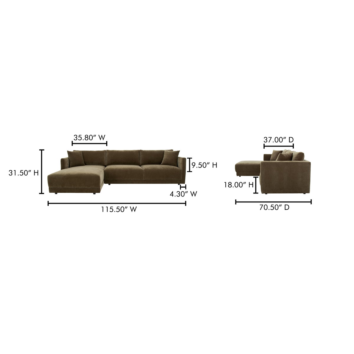 Bryn Sectional Left Heritage Cedar Green, Sectional Sofa by Moe's Home, 115.5" width x 31.5" height x 70.5" depth View 10