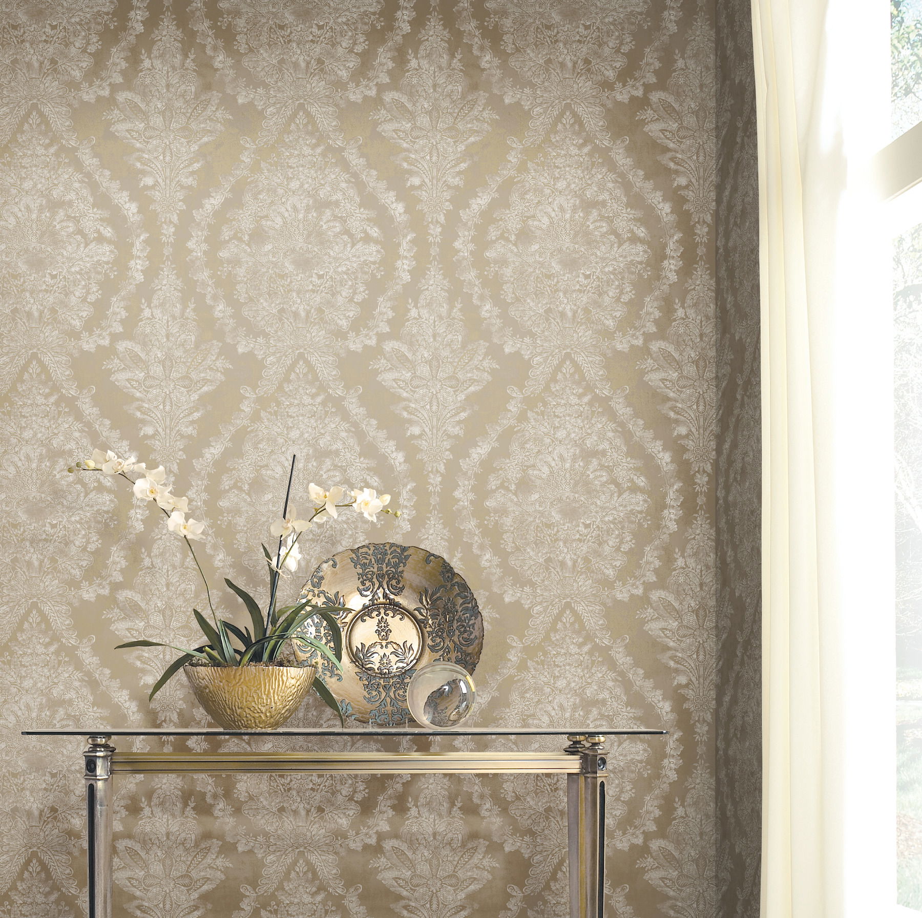 Charleston Damask Bronze Wallpaper, by York Wall, 27' length x 2'3" width x 0.02" depth View 3